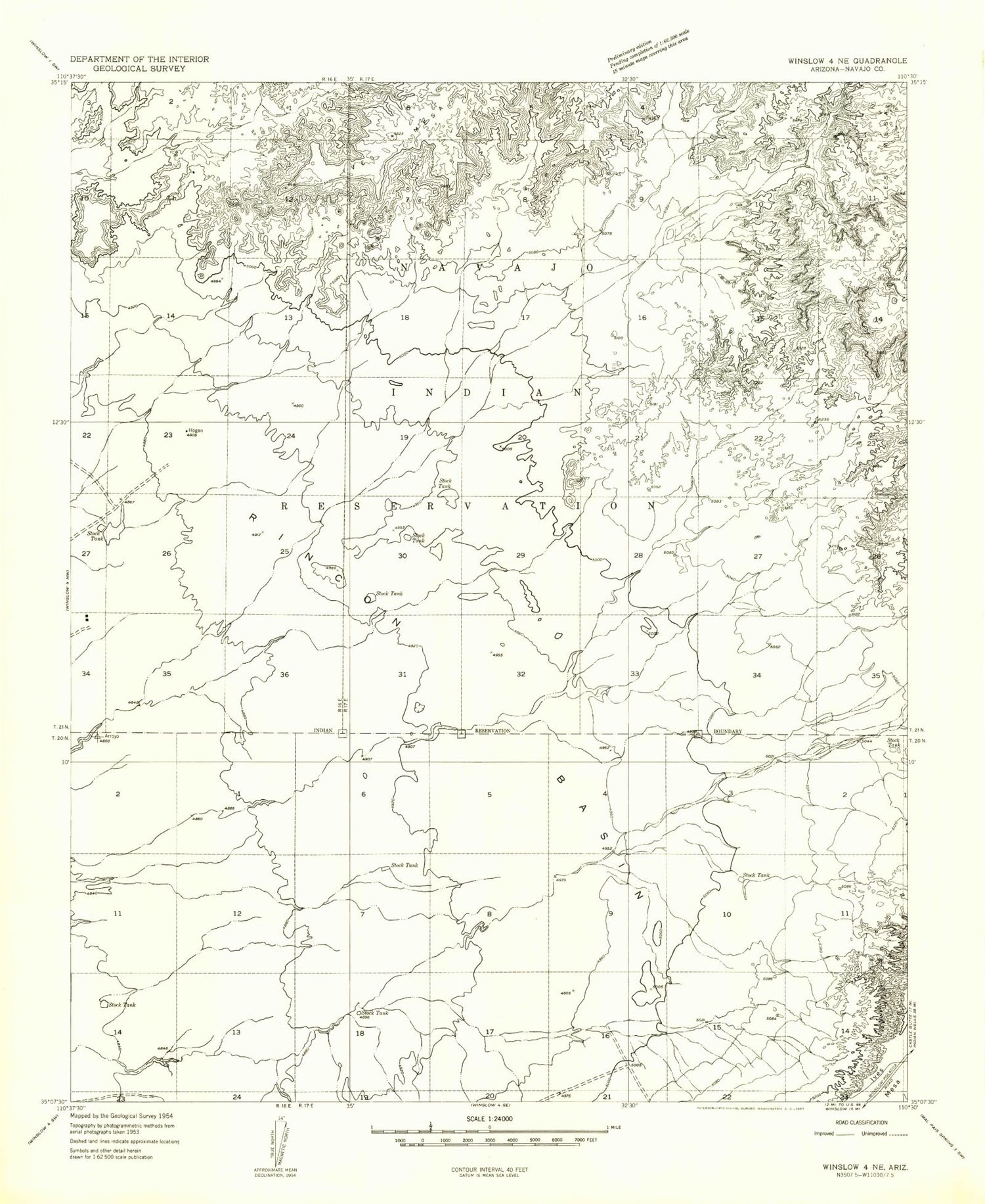 Classic USGS Winslow NE Arizona 7.5'x7.5' Topo Map Image