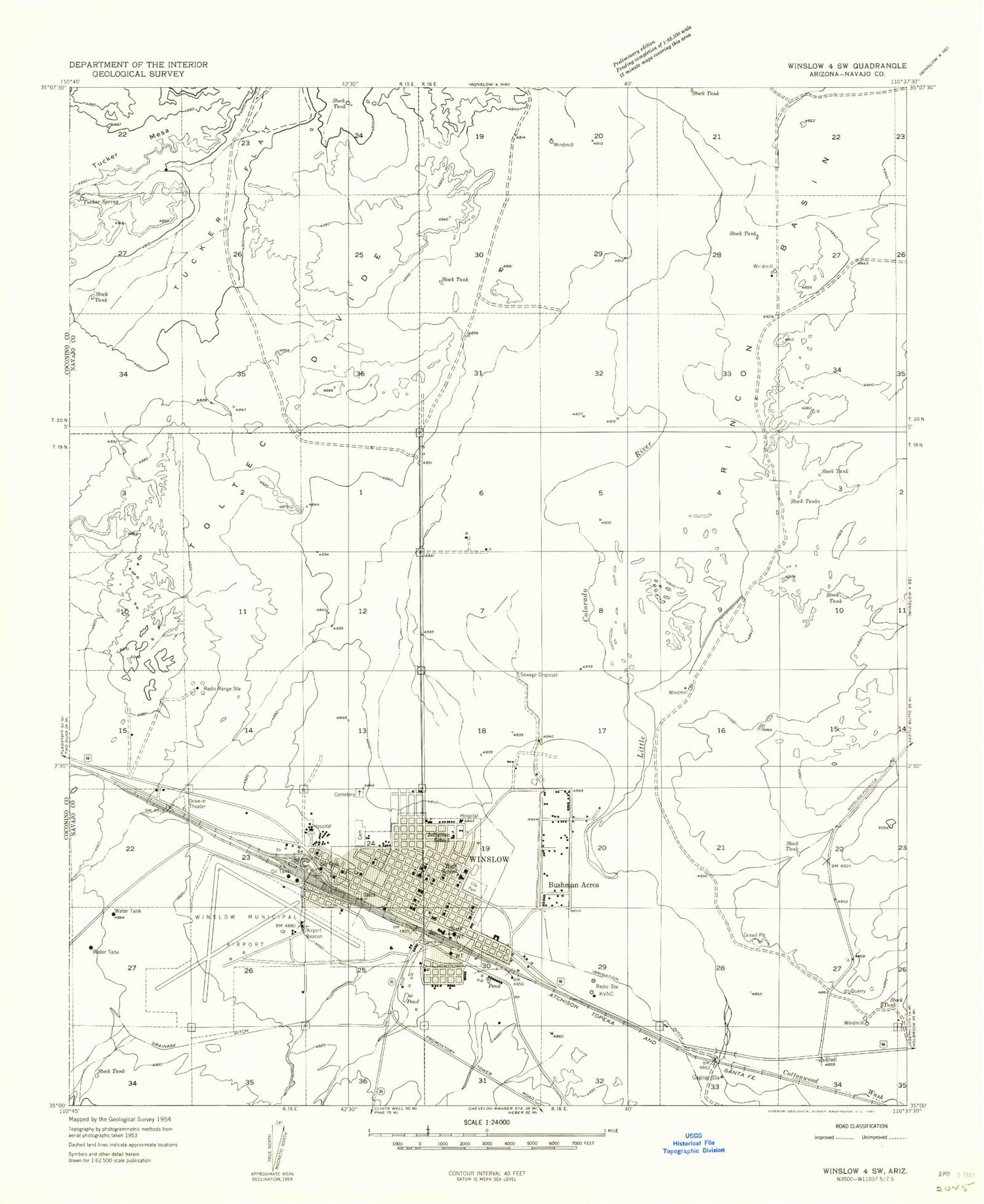 Classic USGS Winslow Arizona 7.5'x7.5' Topo Map Image