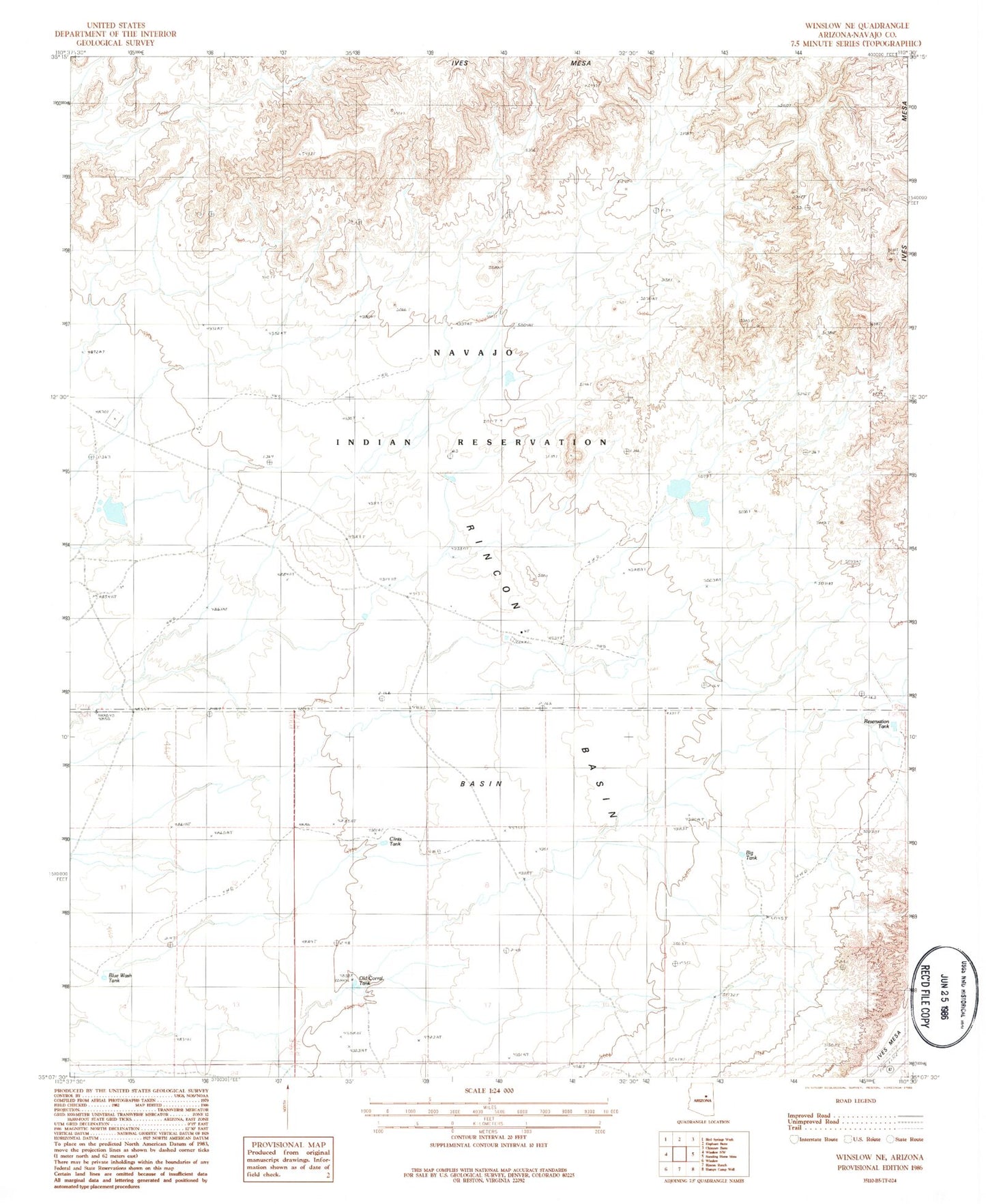 Classic USGS Winslow NE Arizona 7.5'x7.5' Topo Map Image