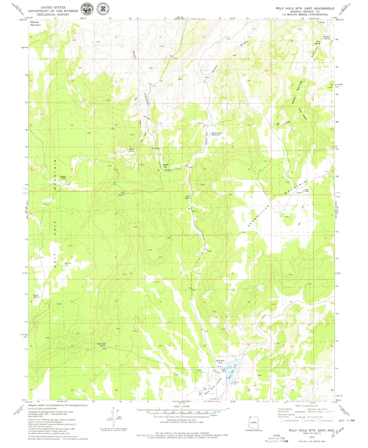 Classic USGS Wolf Hole Mountain East Arizona 7.5'x7.5' Topo Map Image