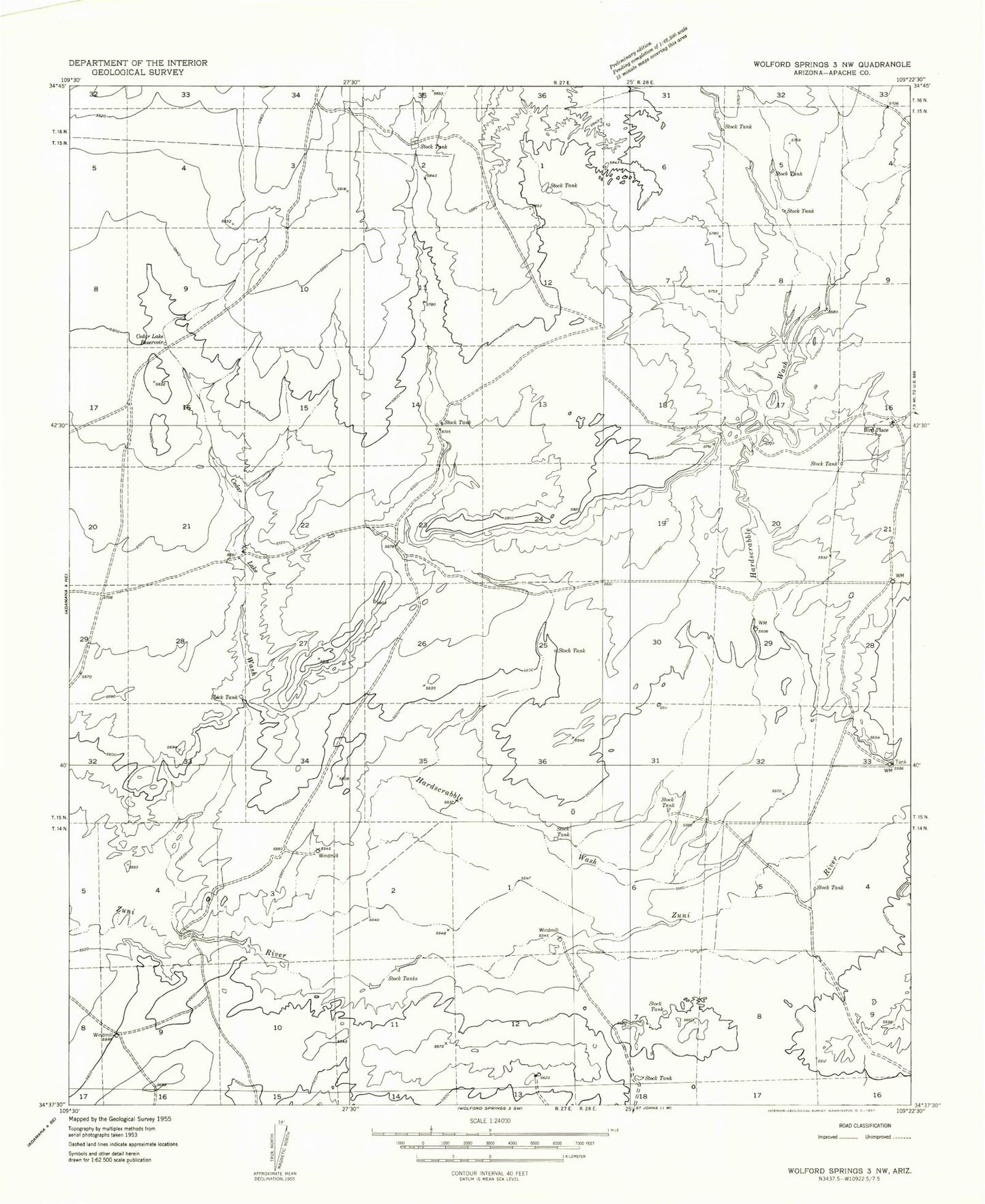 Classic USGS Cedar Lake Wash Arizona 7.5'x7.5' Topo Map Image