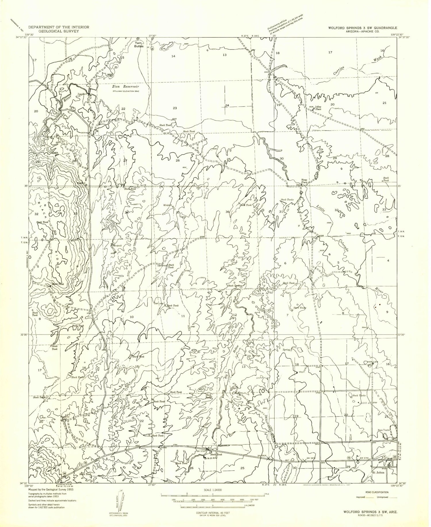 Classic USGS Zion Reservoir Arizona 7.5'x7.5' Topo Map Image