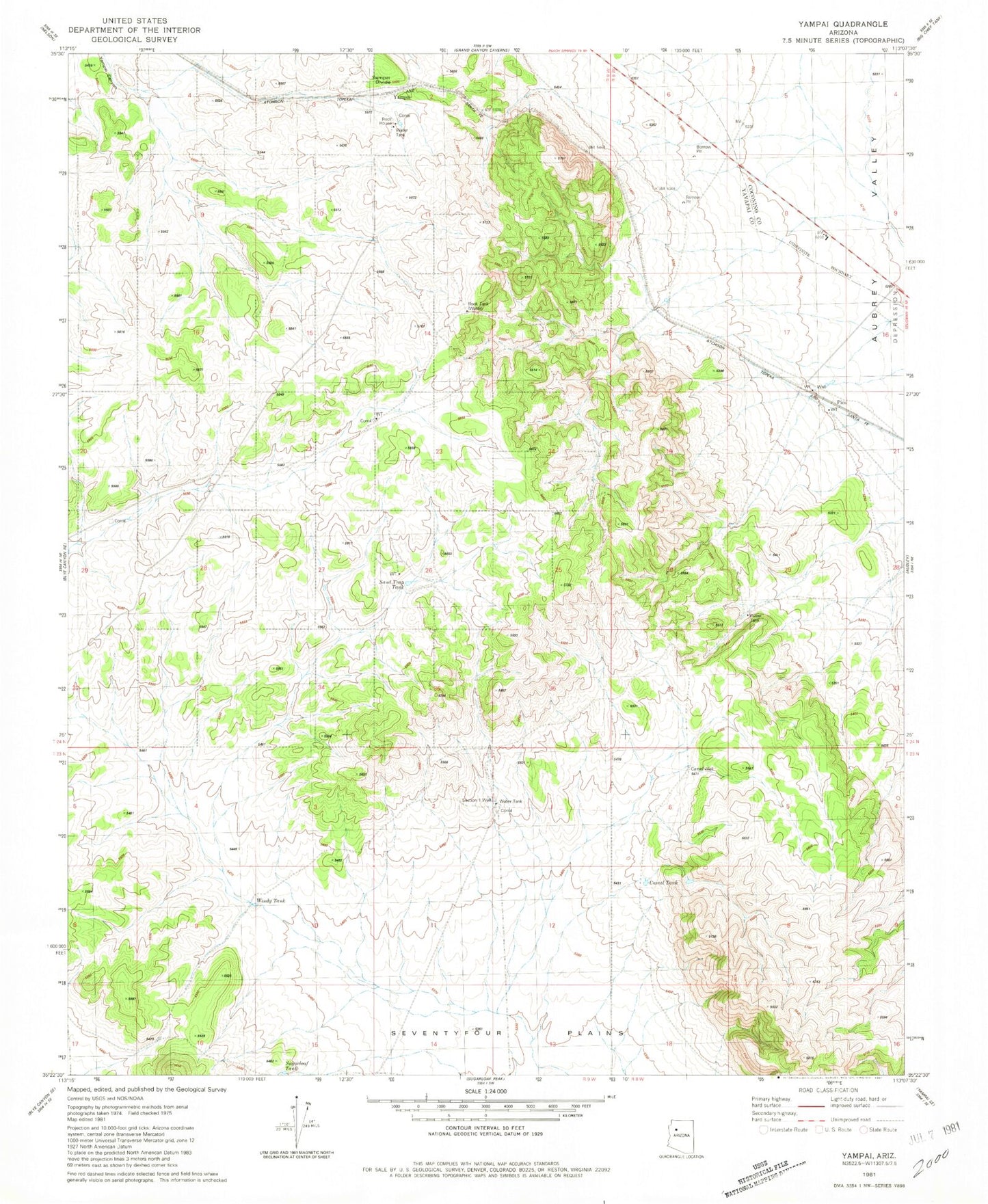 Classic USGS Yampai Arizona 7.5'x7.5' Topo Map Image