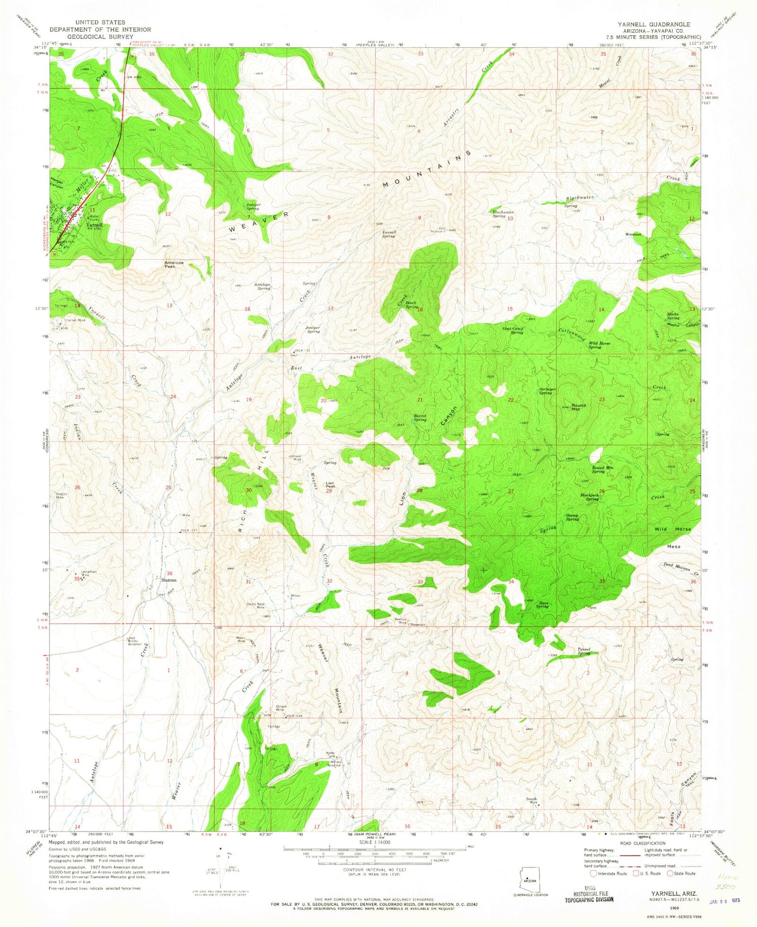 Classic USGS Yarnell Arizona 7.5'x7.5' Topo Map Image