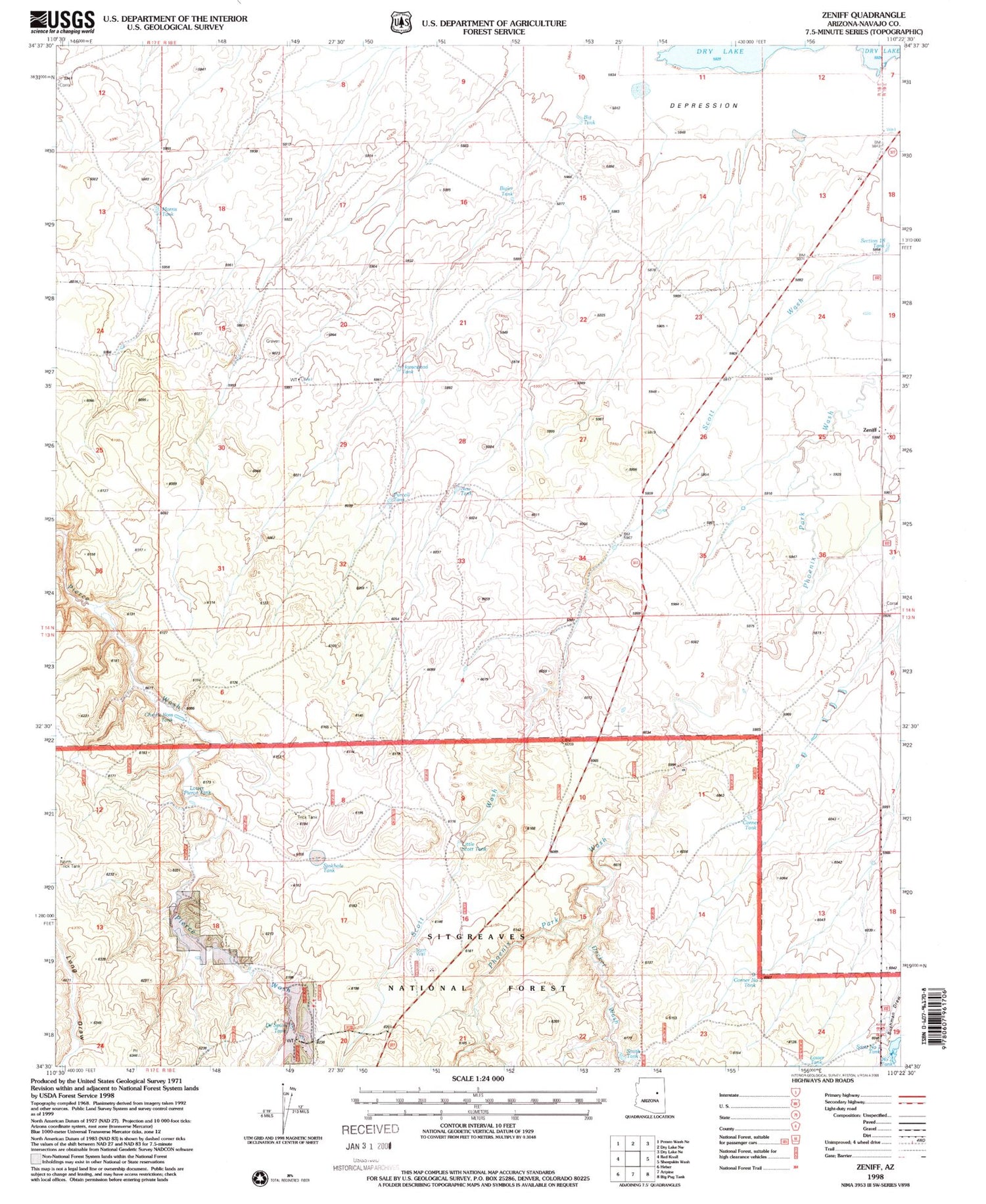Classic USGS Zeniff Arizona 7.5'x7.5' Topo Map Image