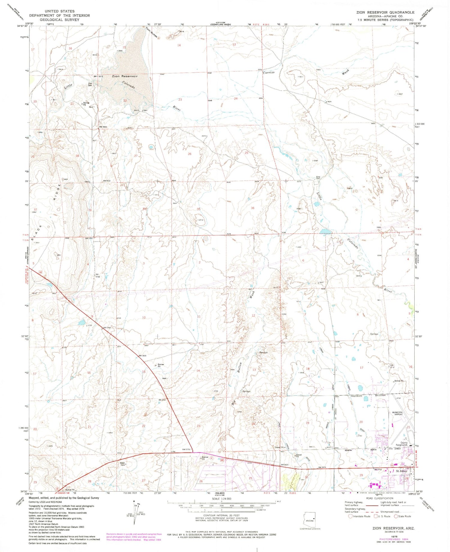 Classic USGS Zion Reservoir Arizona 7.5'x7.5' Topo Map Image