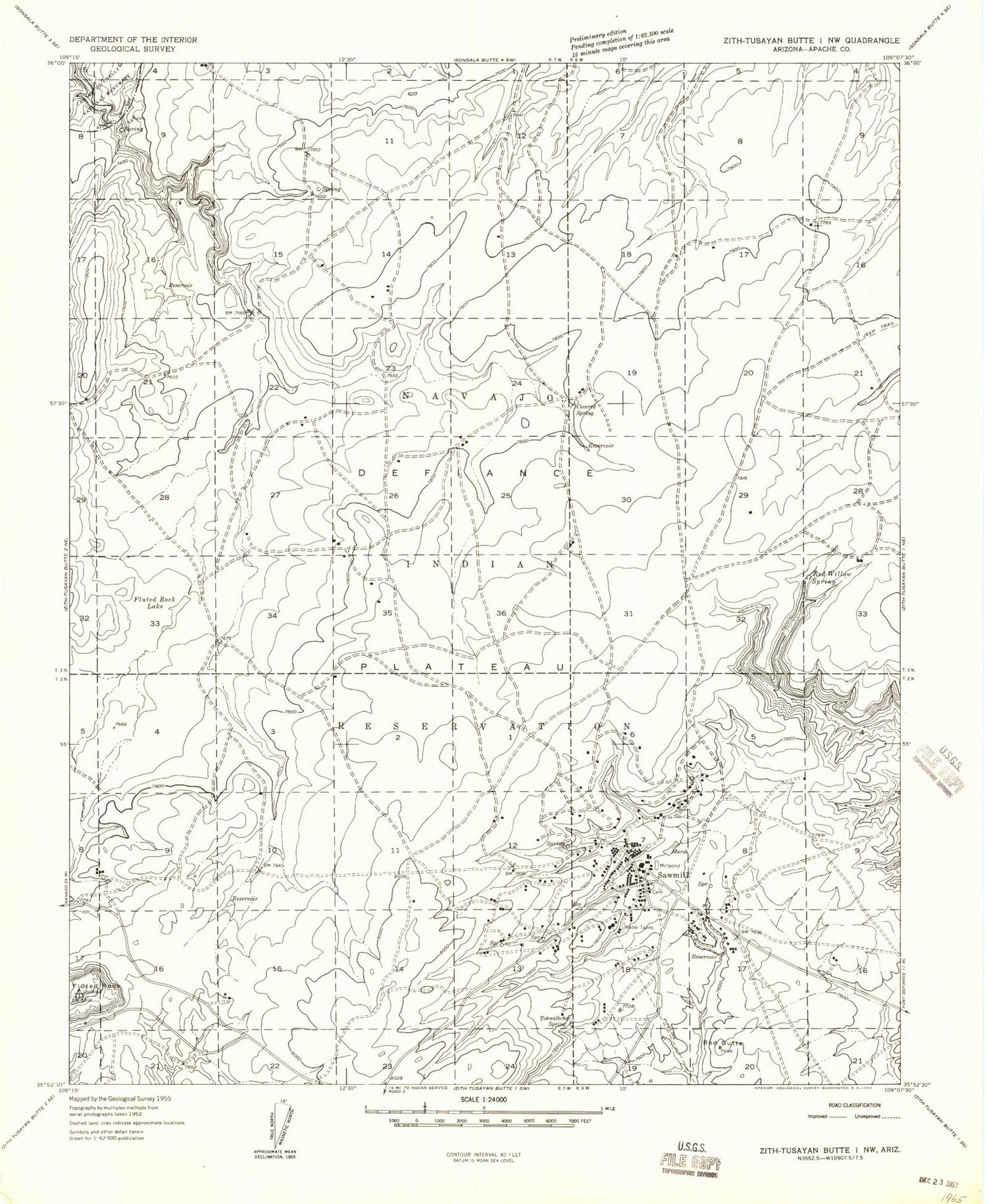 Classic USGS Sawmill Arizona 7.5'x7.5' Topo Map Image