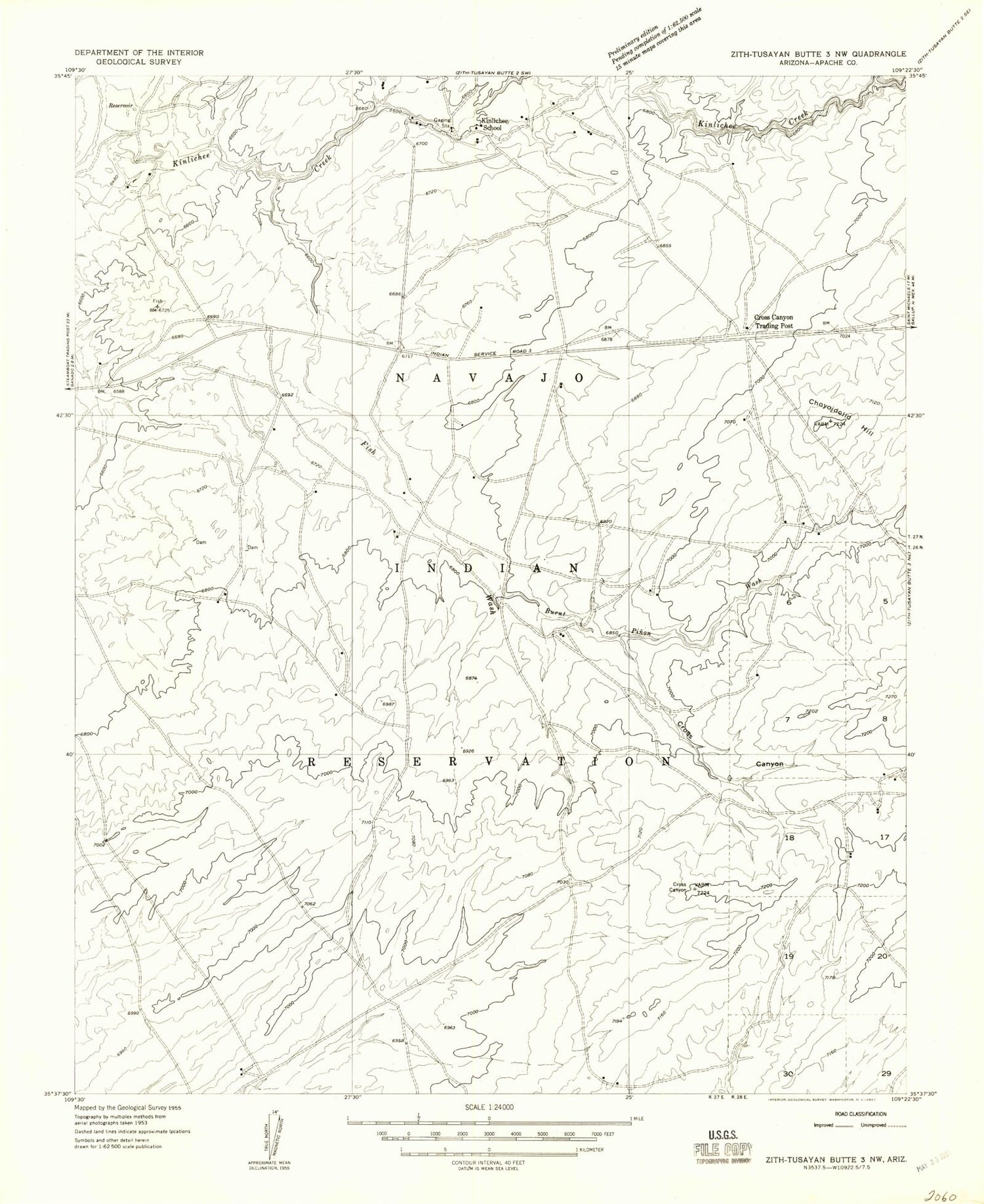 Classic USGS Kinlichee Arizona 7.5'x7.5' Topo Map Image