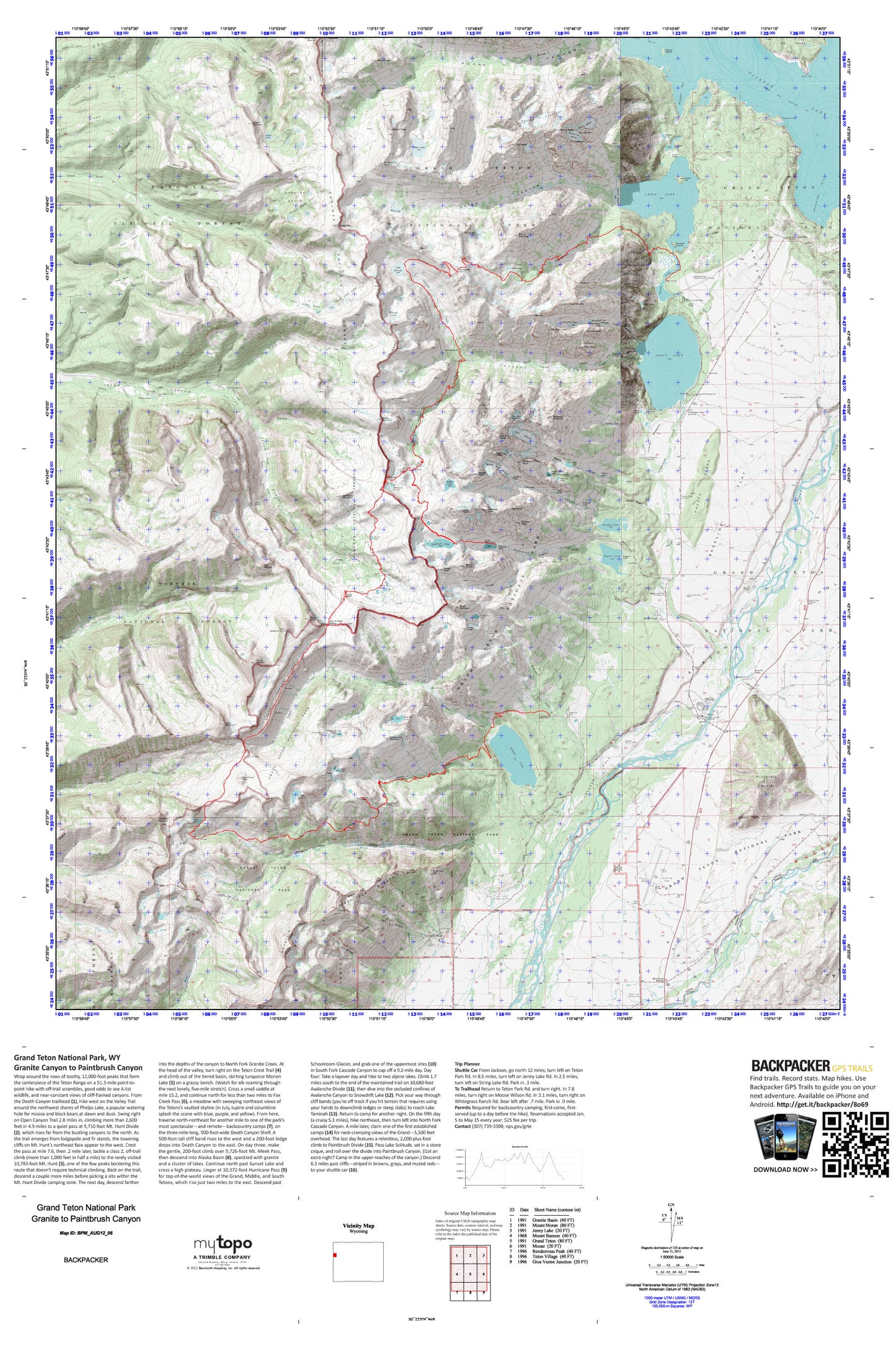 Granite Canyon to Paintbrush Canyon Map (Grand Teton NP, Wyoming) Image
