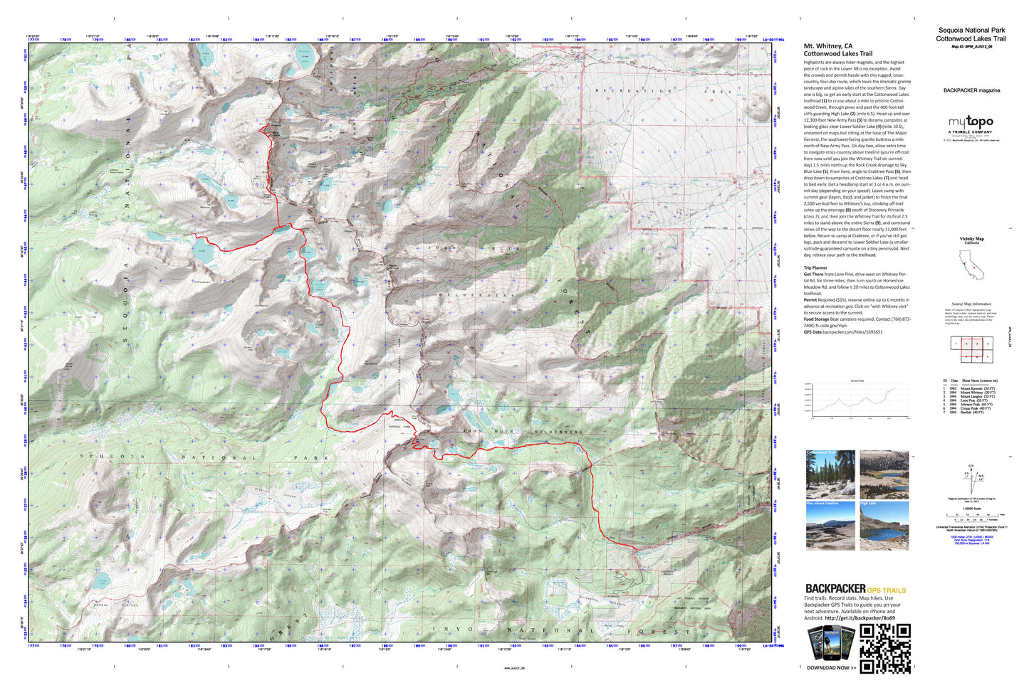 Mount Whitney via Cottonwood Lakes Trail Map (Sequoia National Park, California) Image