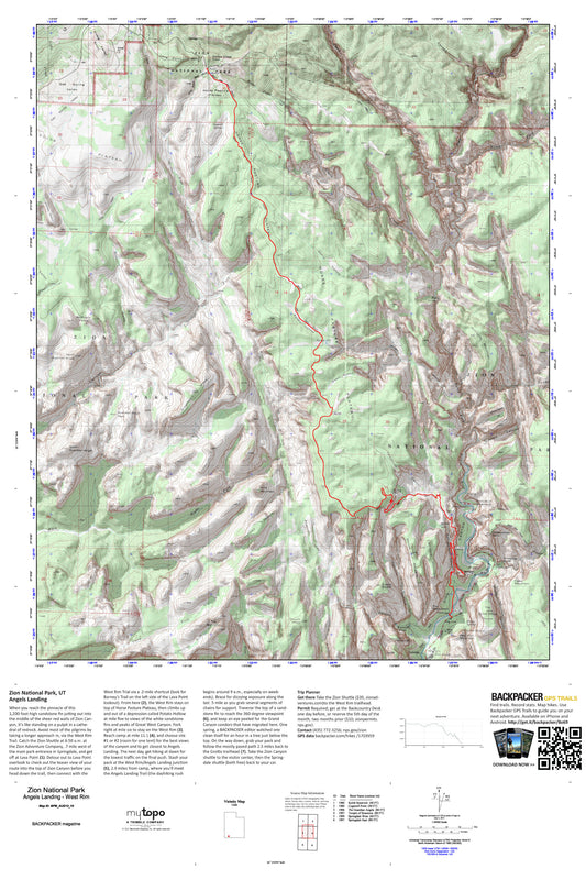 Angels Landing via West Rim Trail Map (Zion NP, Utah) Image