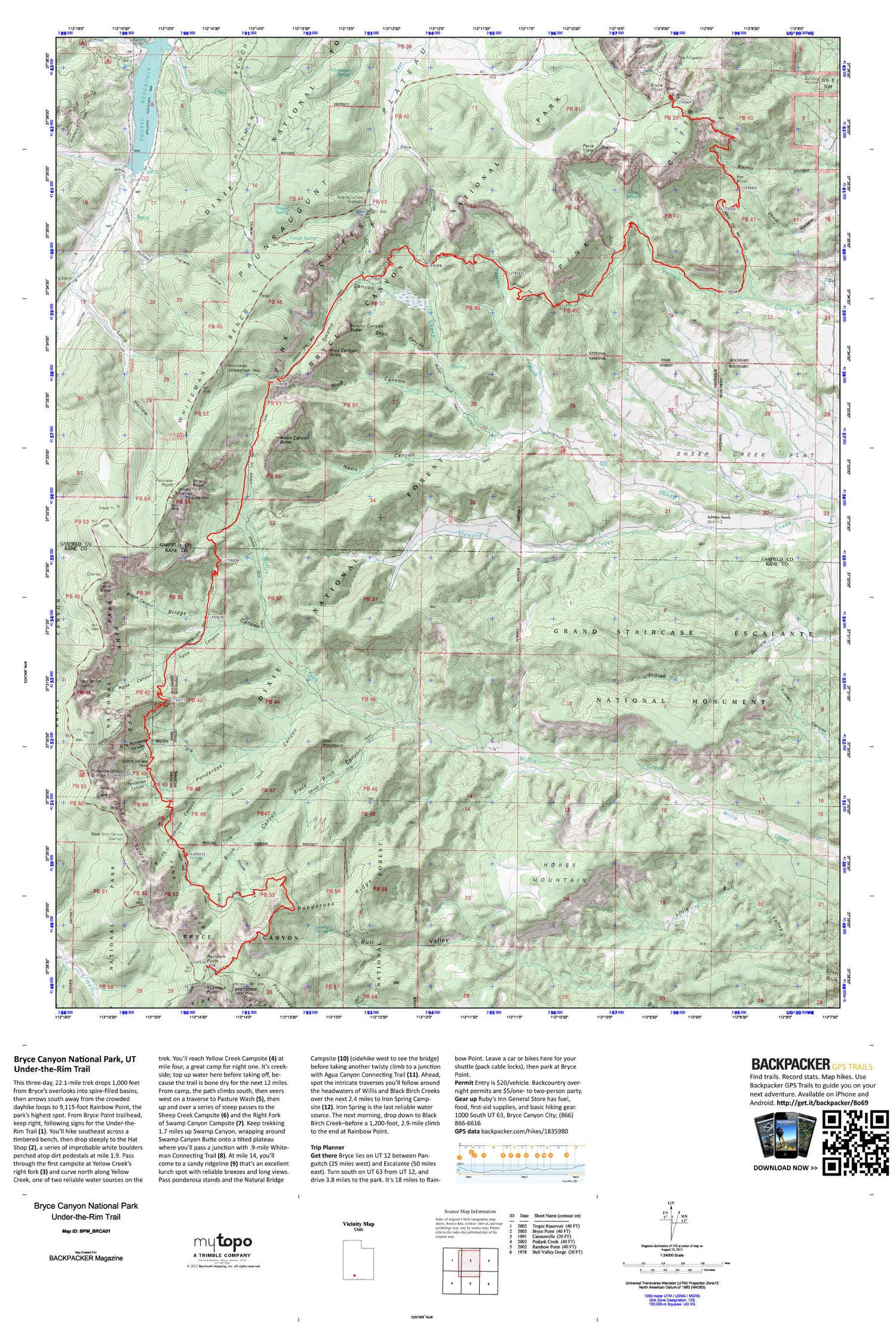 Under-the-Rim Trail Map (Bryce Canyon NP, Utah) Image