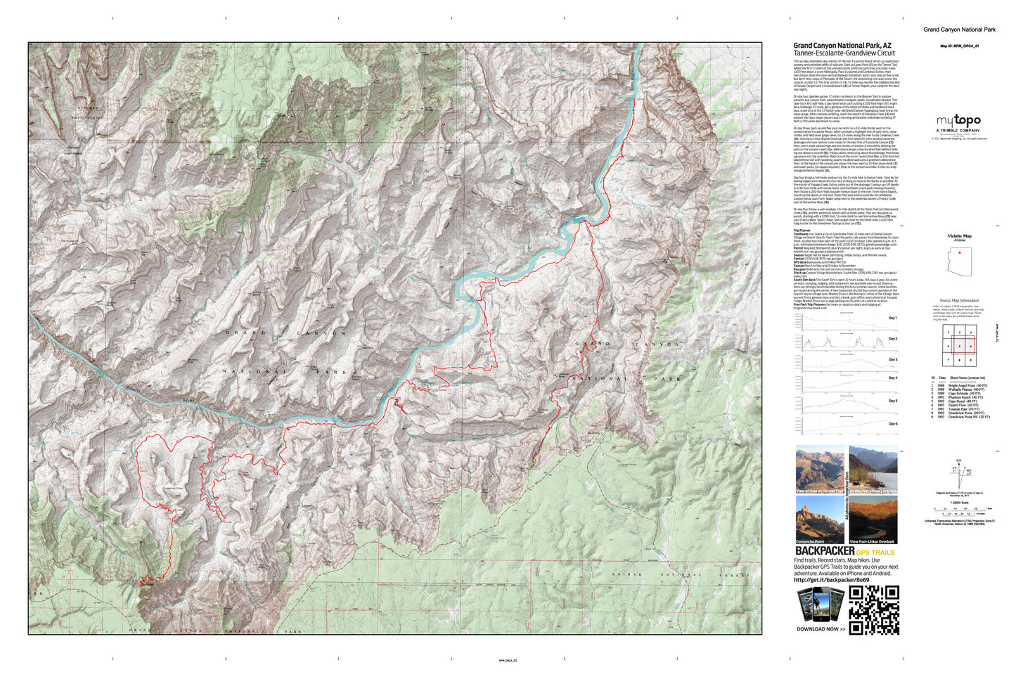 Tanner Trail-Escalante Route-Grandview Trail Loop Map (Grand Canyon NP, Arizona) Image