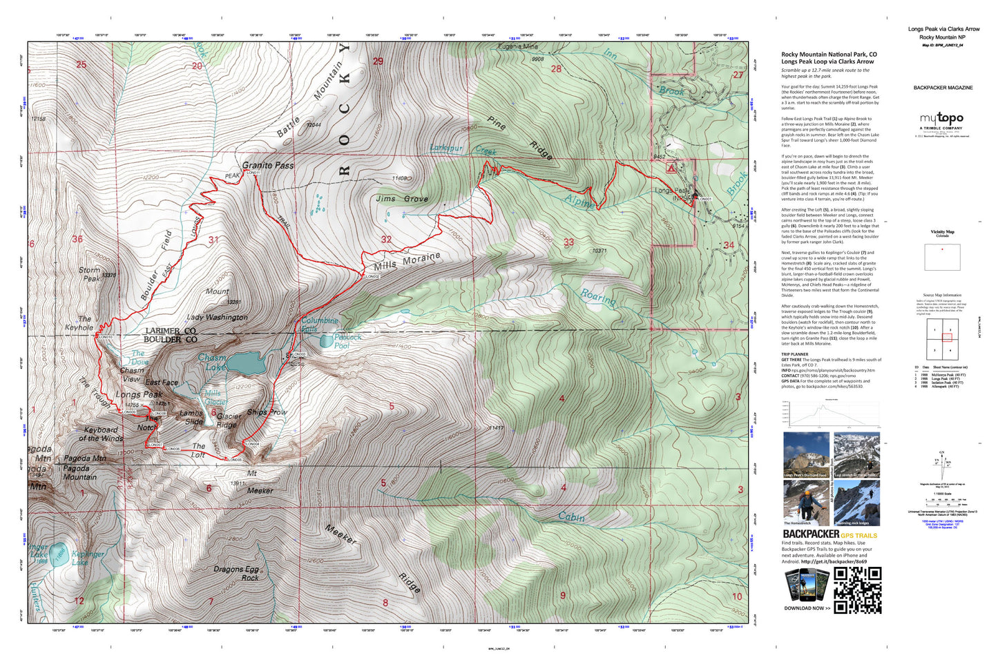 Longs Peak via Clarks Arrow Map (Rocky Mountain NP, Colorado) Image