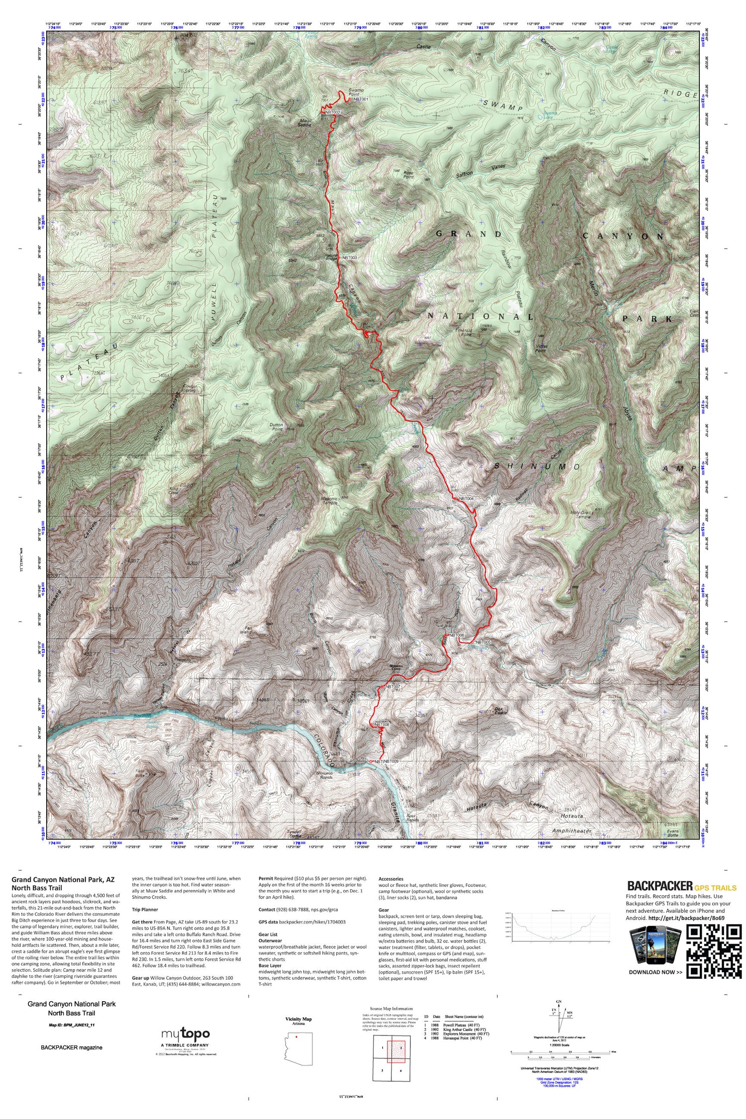 North Bass Trail Map (Grand Canyon NP, Arizona) Image