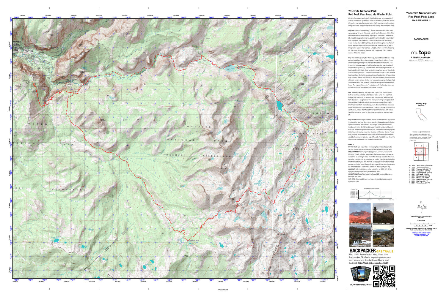 Red Peak Pass Loop Map (Yosemite NP, California) Image