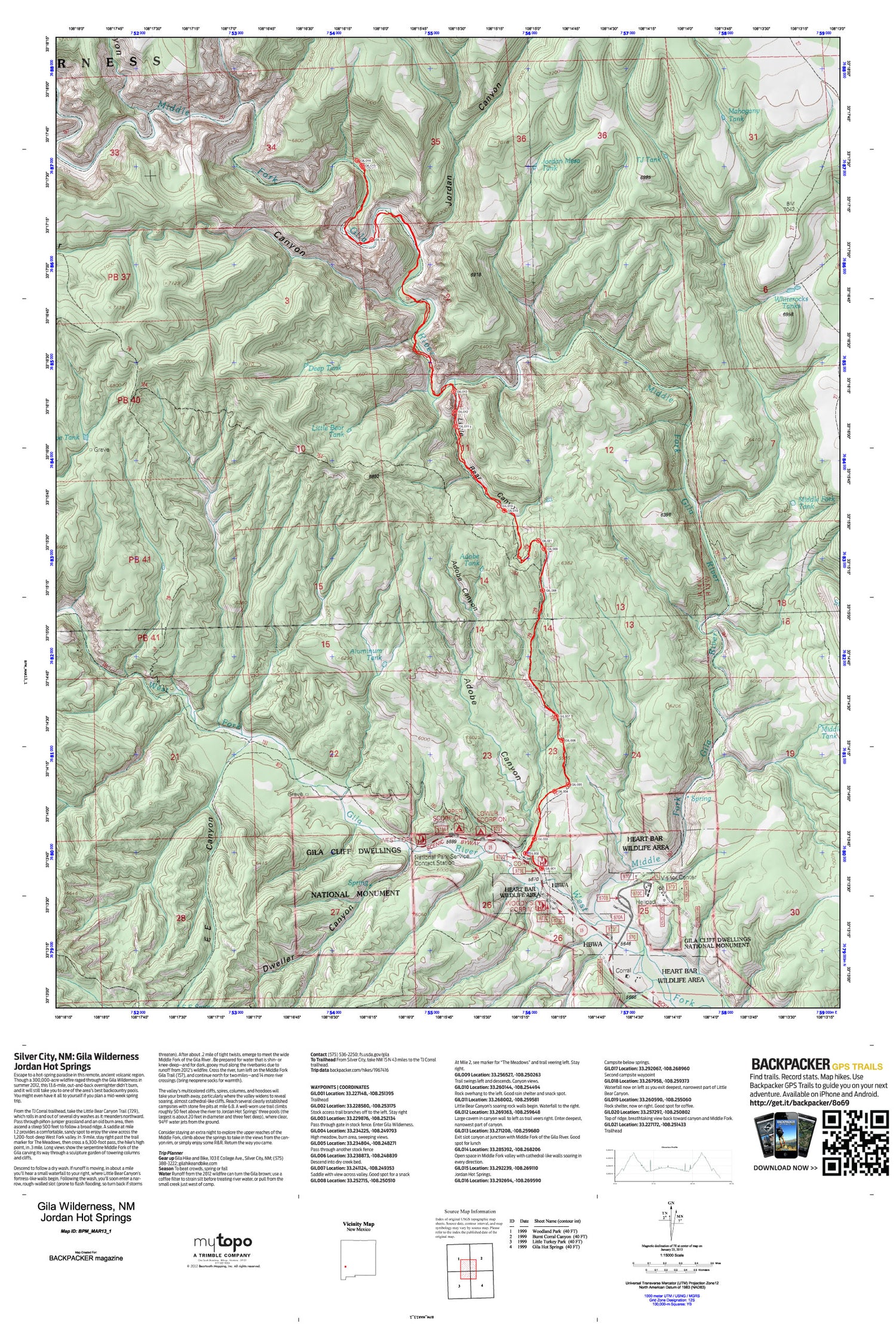 Jordan Hot Springs Map (Gila Wilderness, New Mexico) Image