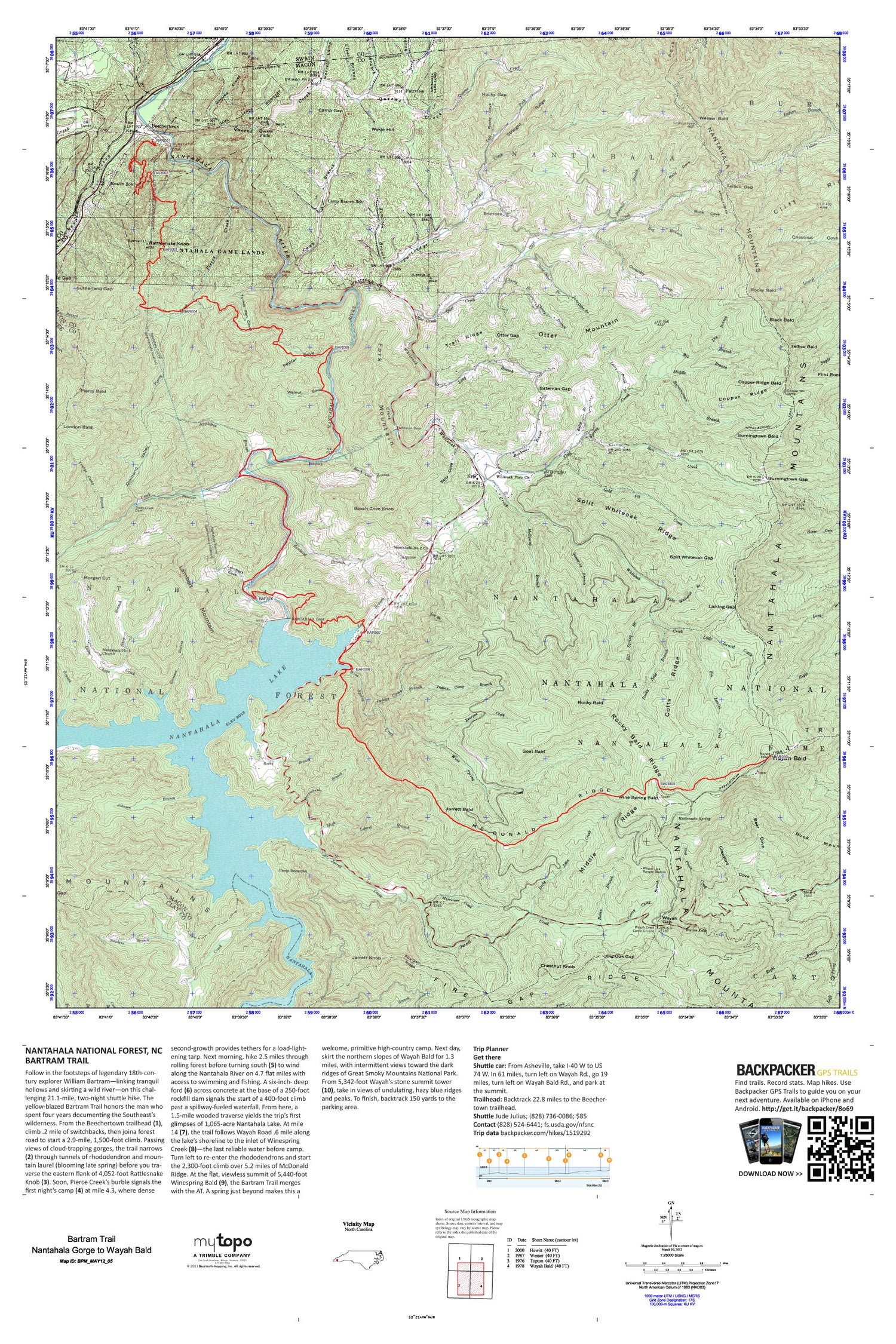 Bartram Trail Map (Nantahala Gorge to Wayah Bald, North Carolina) Image