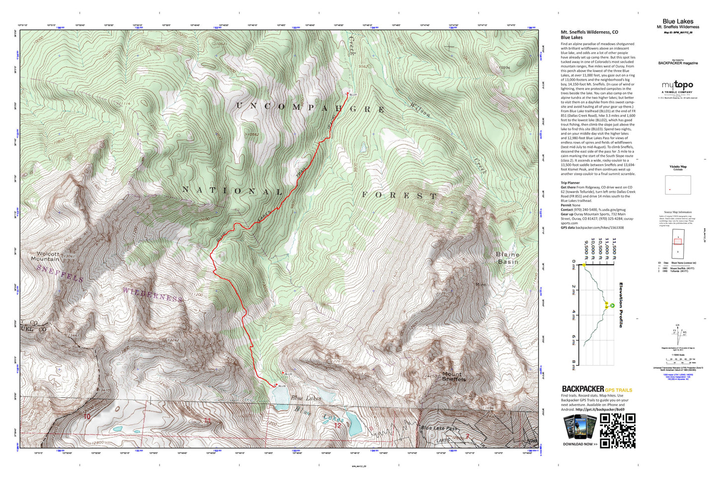 Blue Lakes Map (Mt. Sneffels Wilderness, Colorado) Image