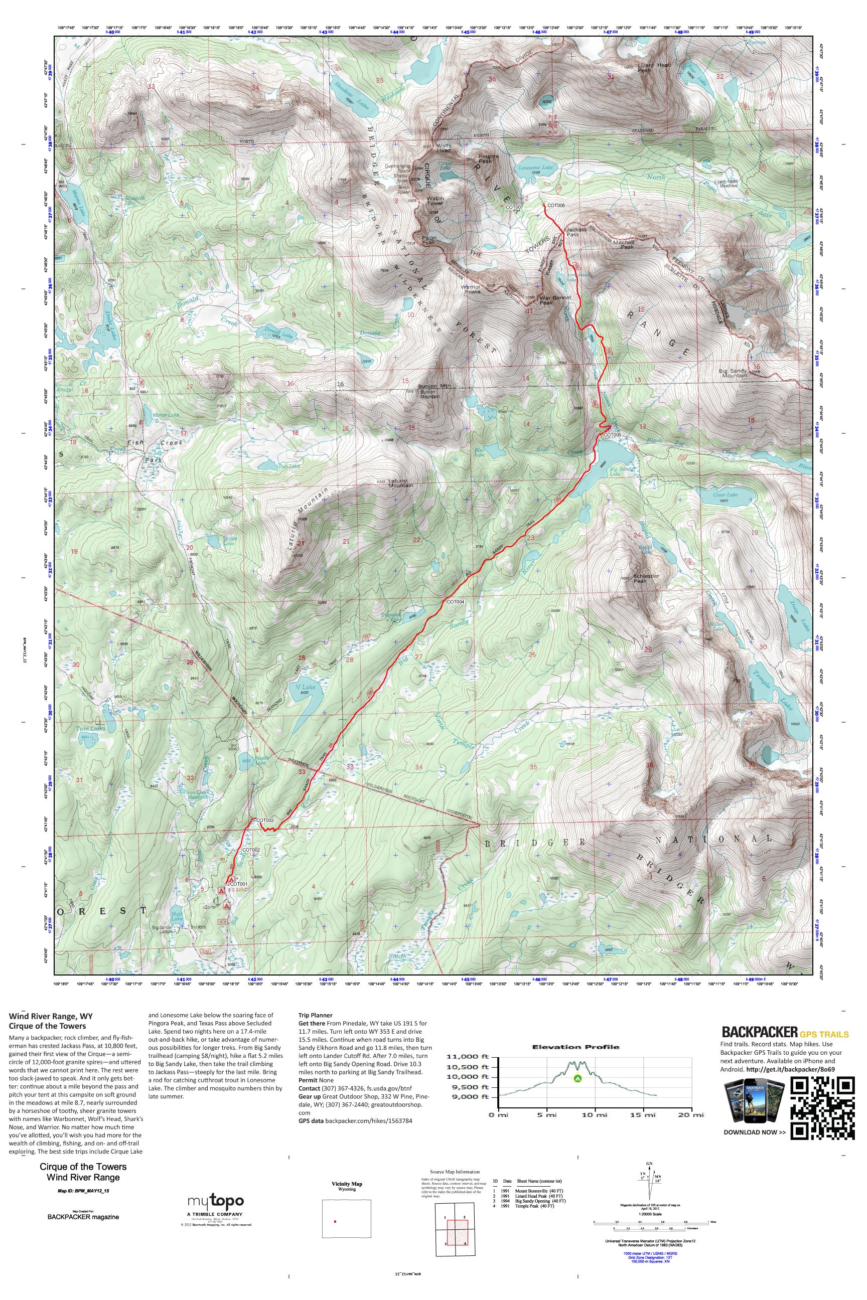 Wind River Range Map - Wyoming Mountains, Continental Divide, Cirque of the Towers, Gannett Peak, Fremont outlets Peak, Green River, Pinedale