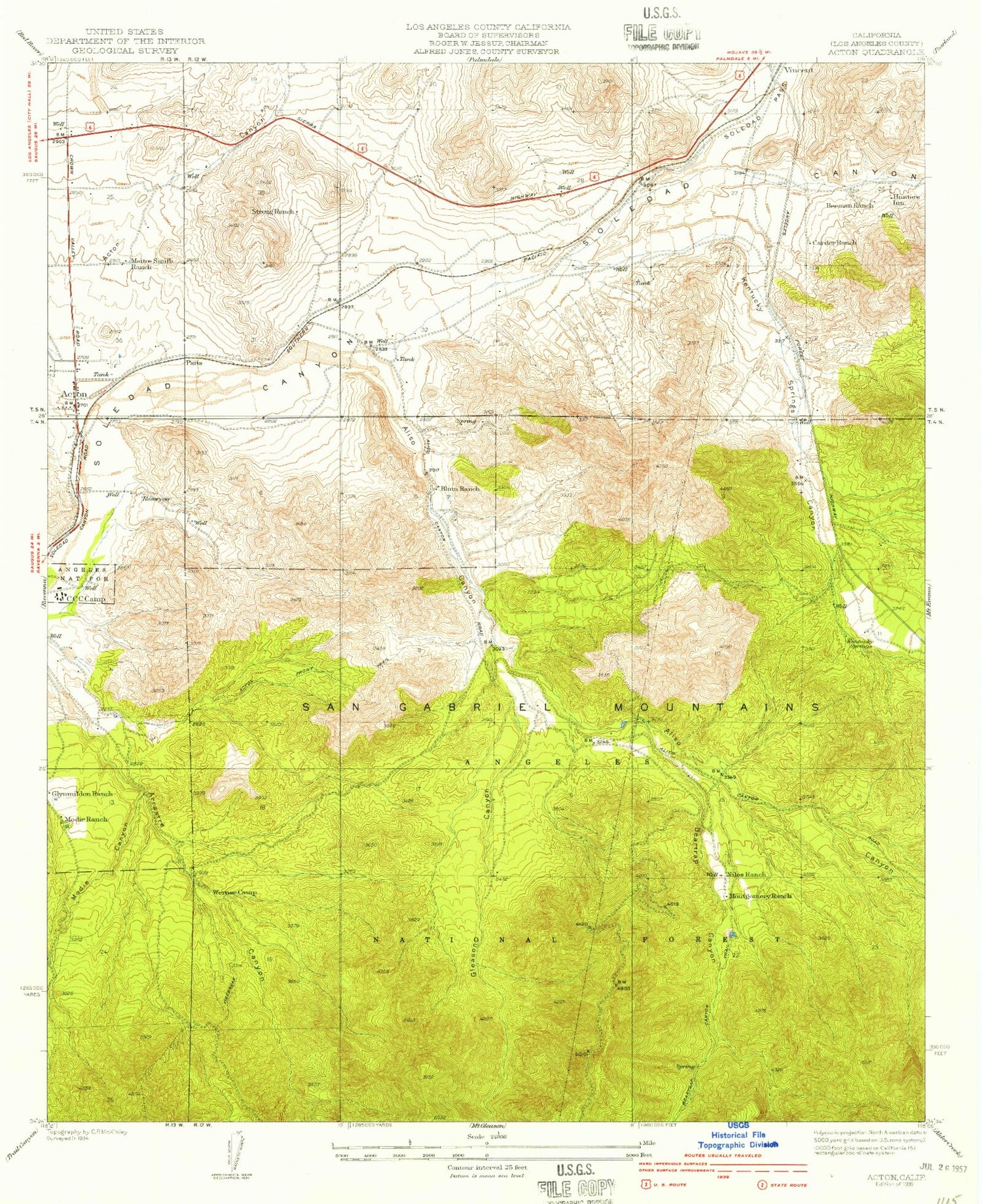 Classic USGS Acton California 7.5'x7.5' Topo Map Image