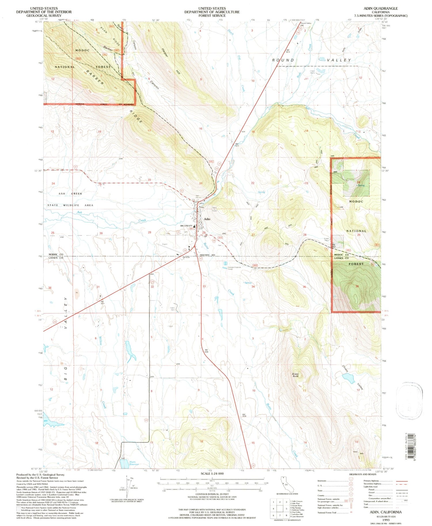 Classic USGS Adin California 7.5'x7.5' Topo Map Image