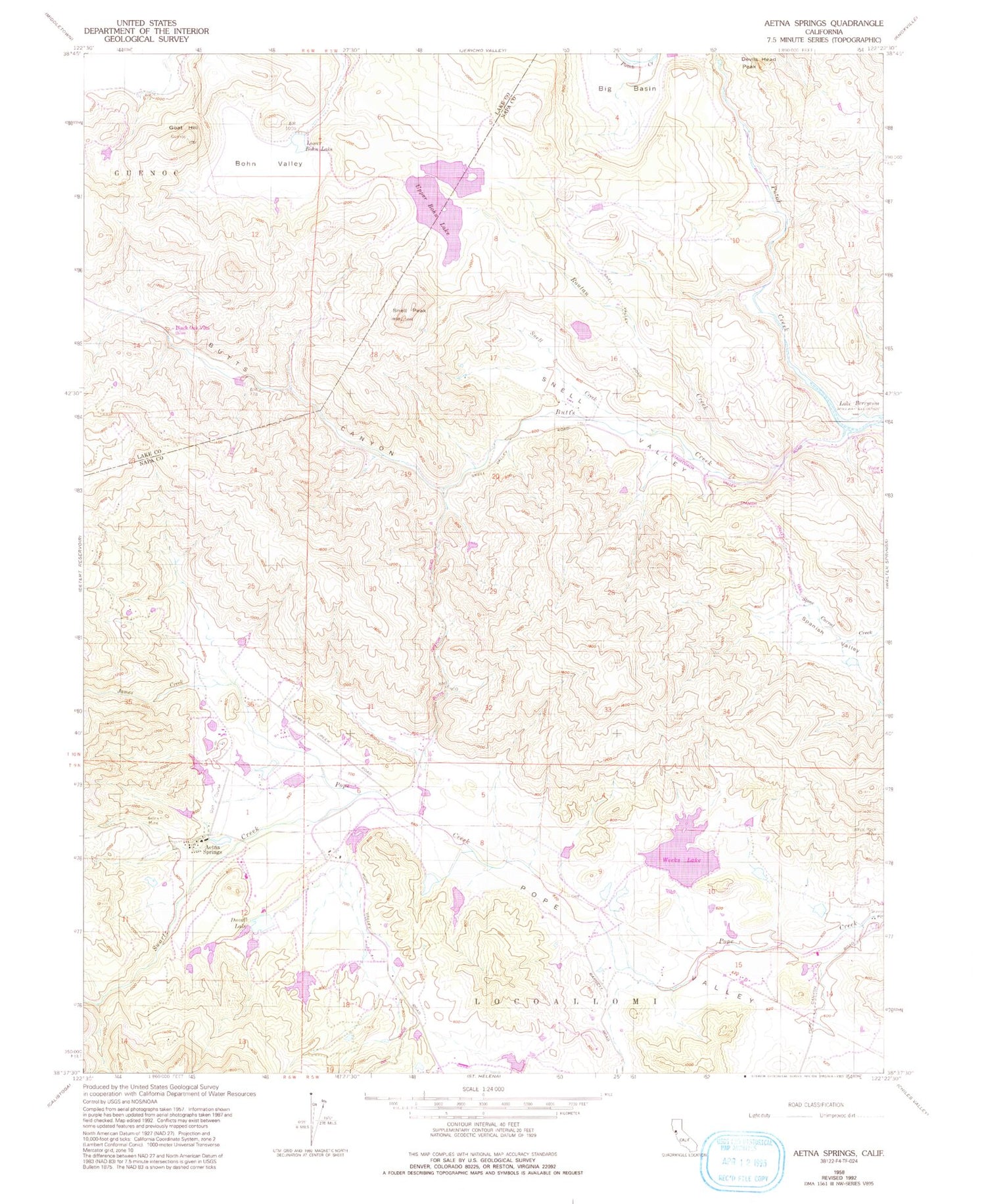 Classic USGS Aetna Springs California 7.5'x7.5' Topo Map Image