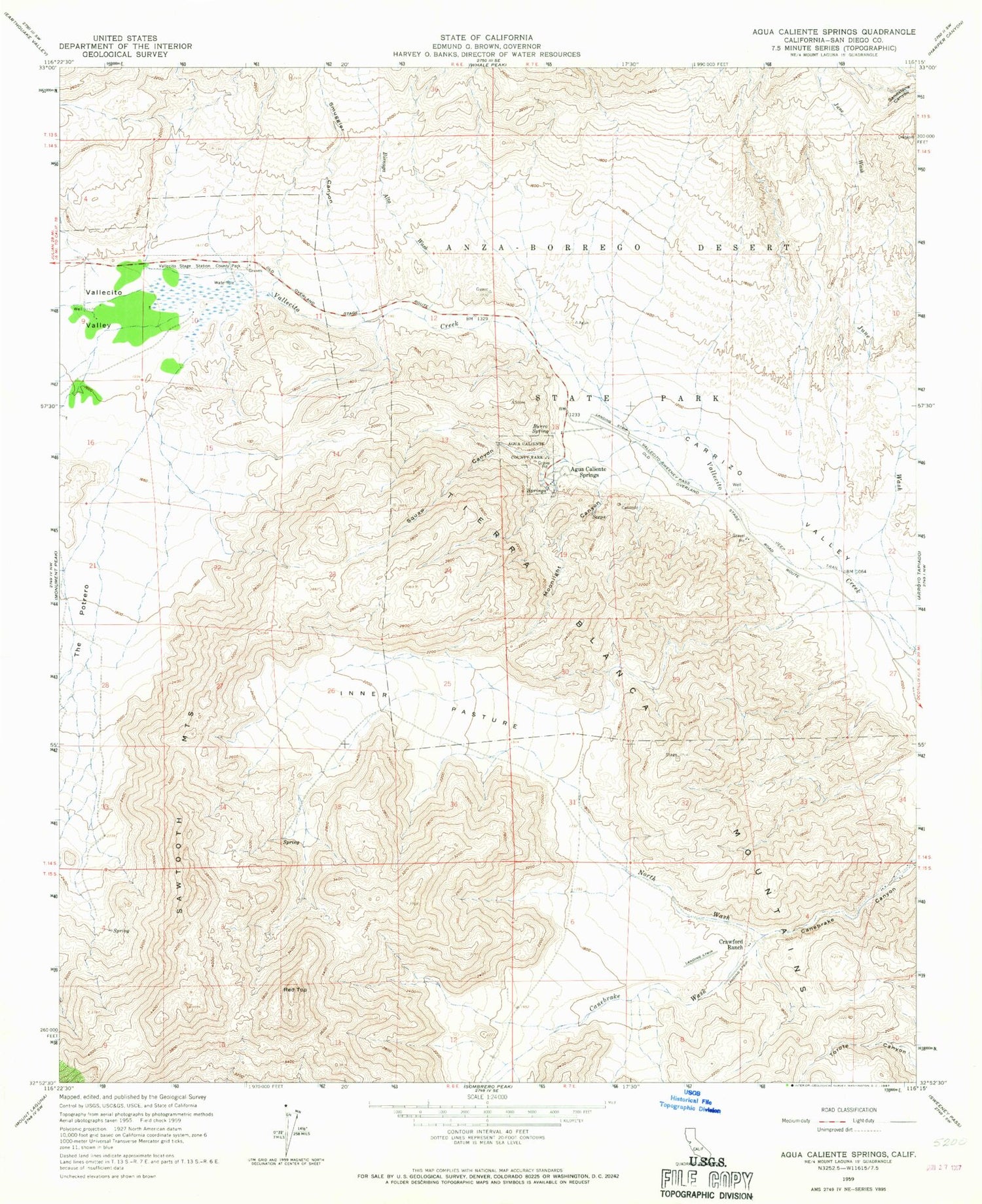 Classic USGS Agua Caliente Springs California 7.5'x7.5' Topo Map Image