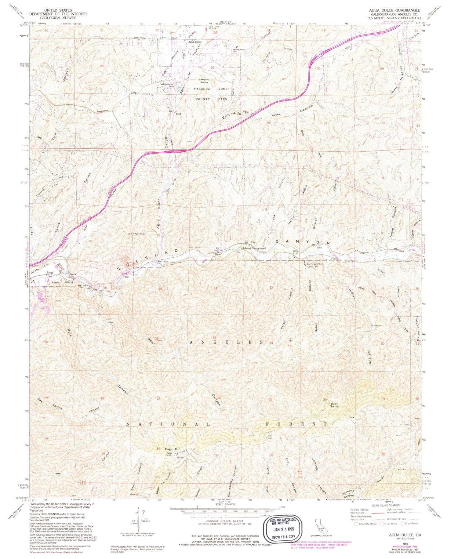 Classic USGS Agua Dulce California 7.5'x7.5' Topo Map Image