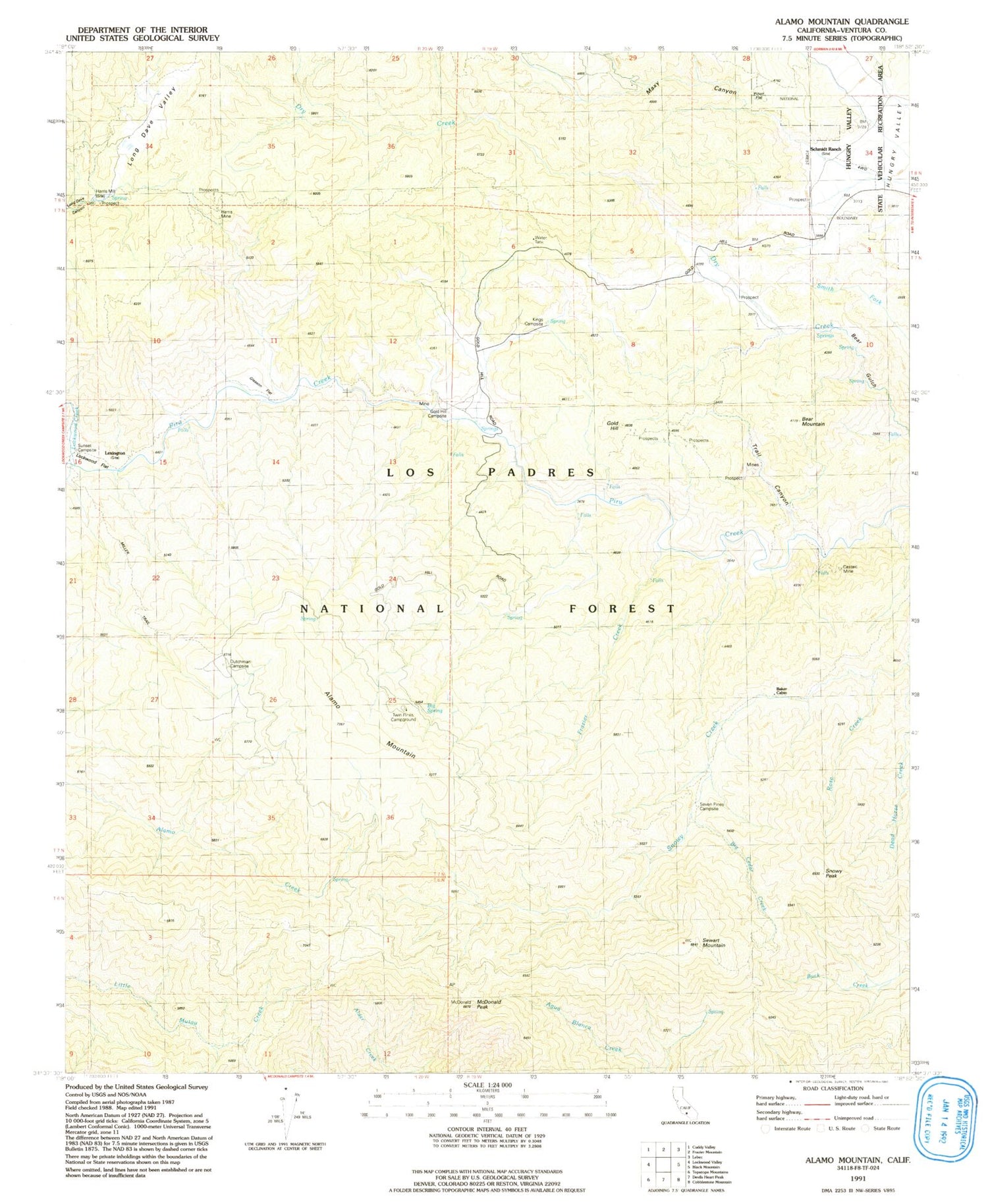 Classic USGS Alamo Mountain California 7.5'x7.5' Topo Map Image