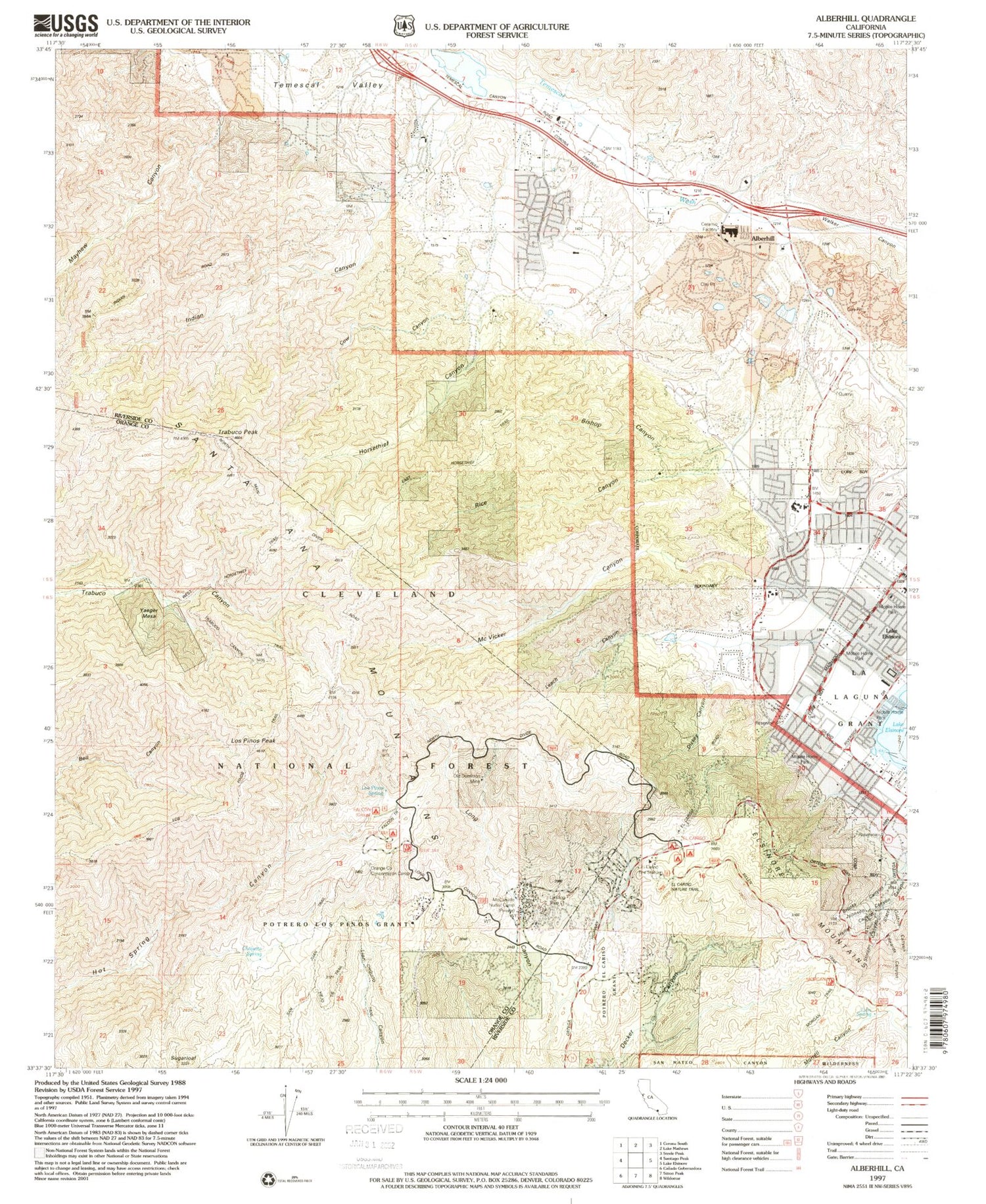Classic USGS Alberhill California 7.5'x7.5' Topo Map Image