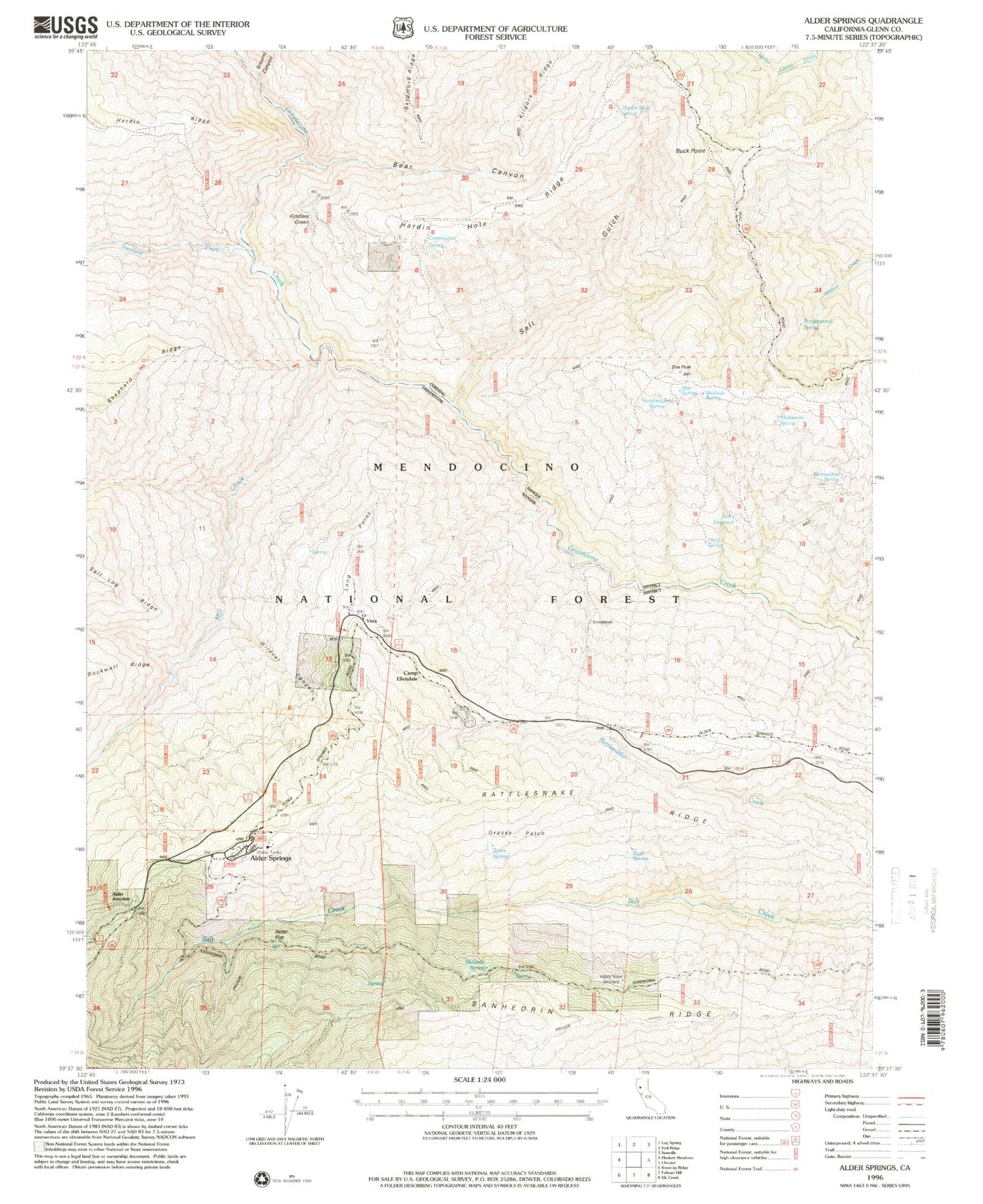 Classic USGS Alder Springs California 7.5'x7.5' Topo Map Image