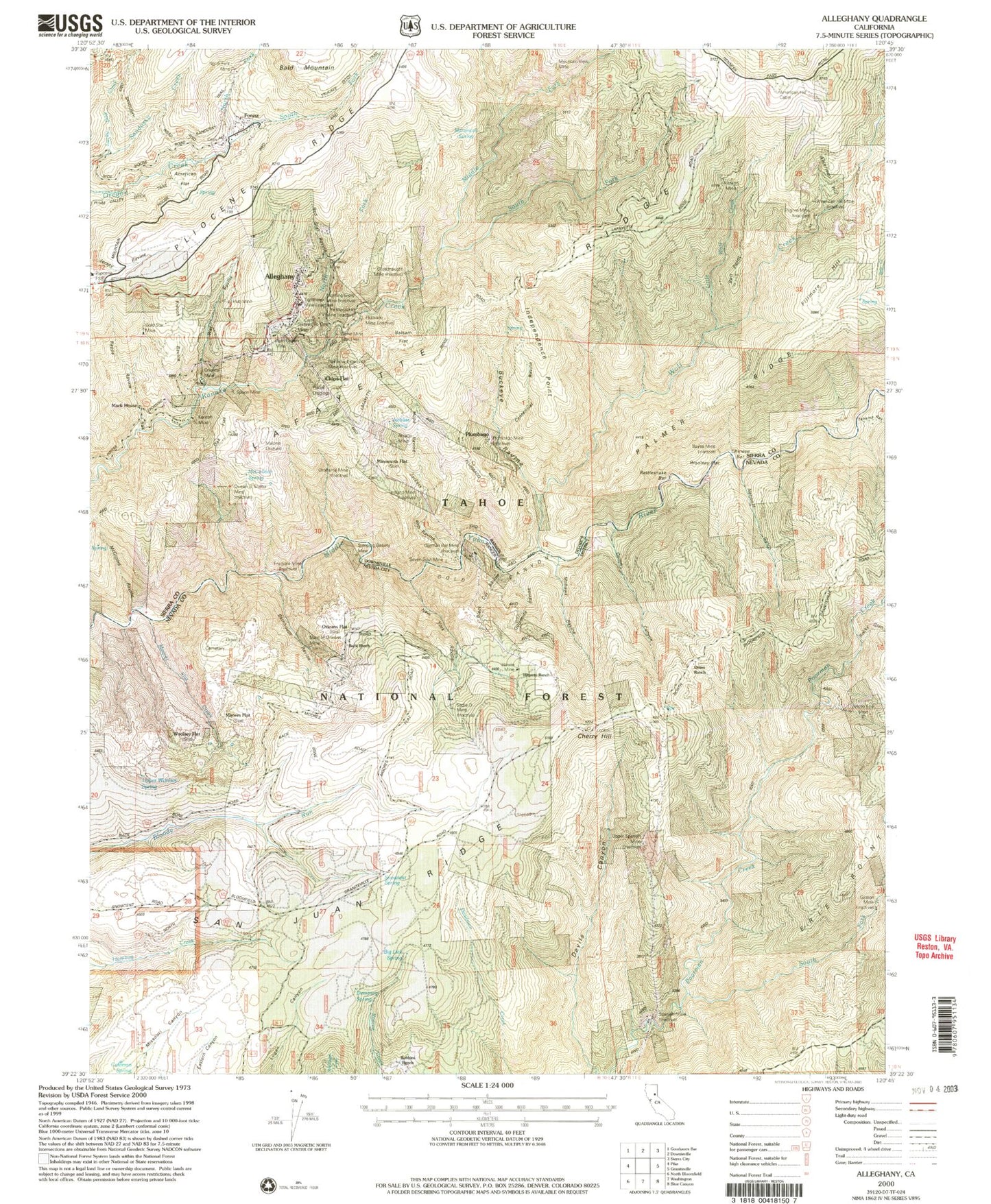 Classic USGS Alleghany California 7.5'x7.5' Topo Map Image
