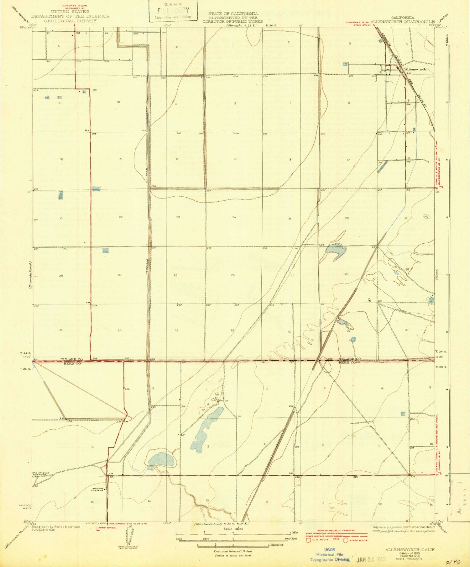 Classic USGS Allensworth California 7.5'x7.5' Topo Map Image