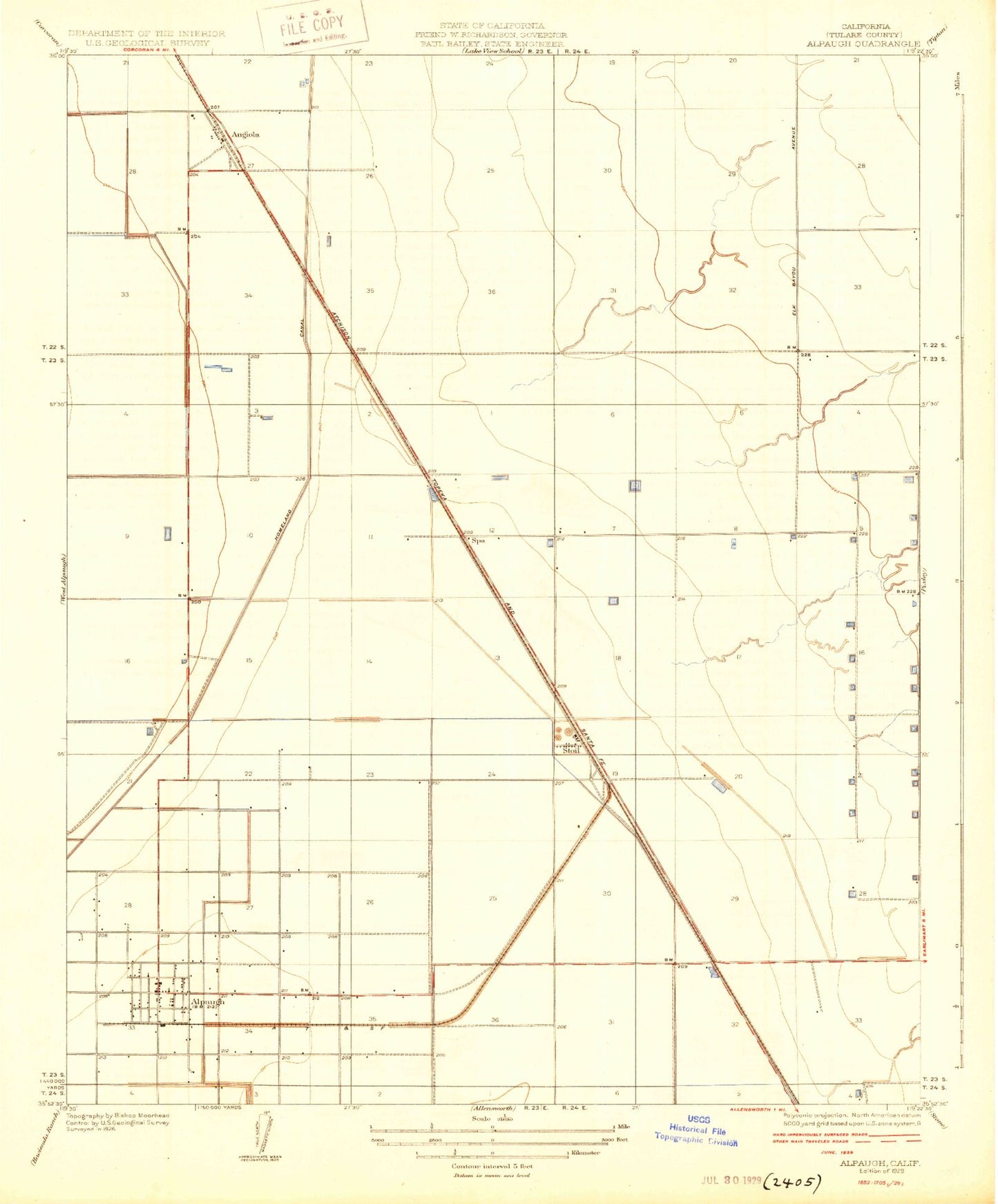 Classic USGS Alpaugh California 7.5'x7.5' Topo Map Image