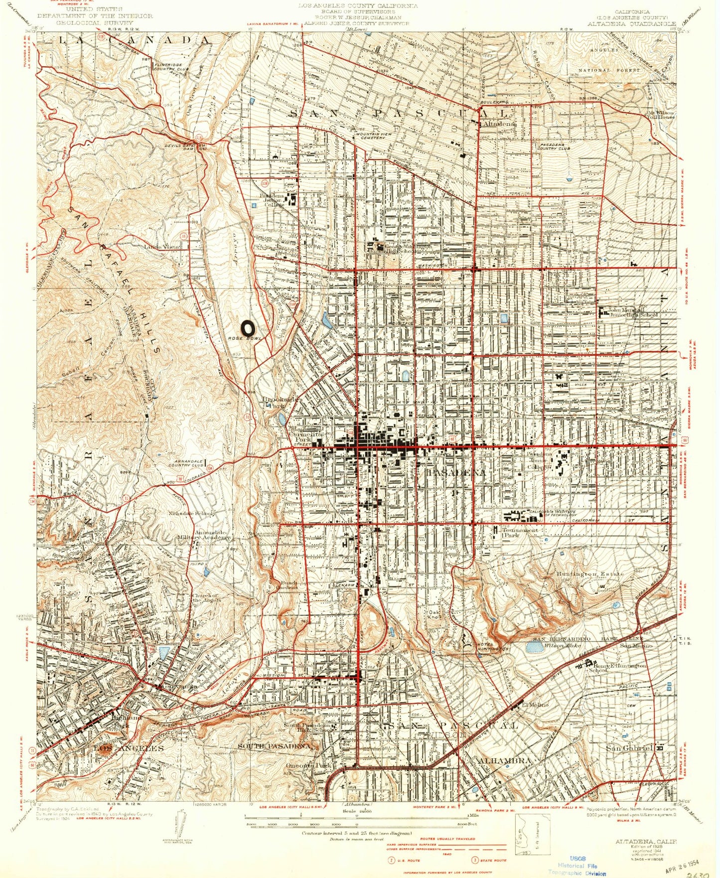 Classic USGS Altadena California 7.5'x7.5' Topo Map Image