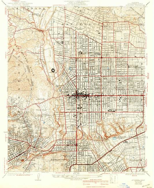 Classic USGS Altadena California 7.5'x7.5' Topo Map Image