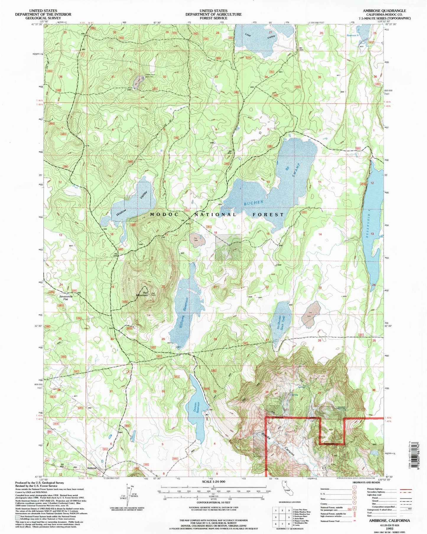 Classic USGS Ambrose California 7.5'x7.5' Topo Map Image