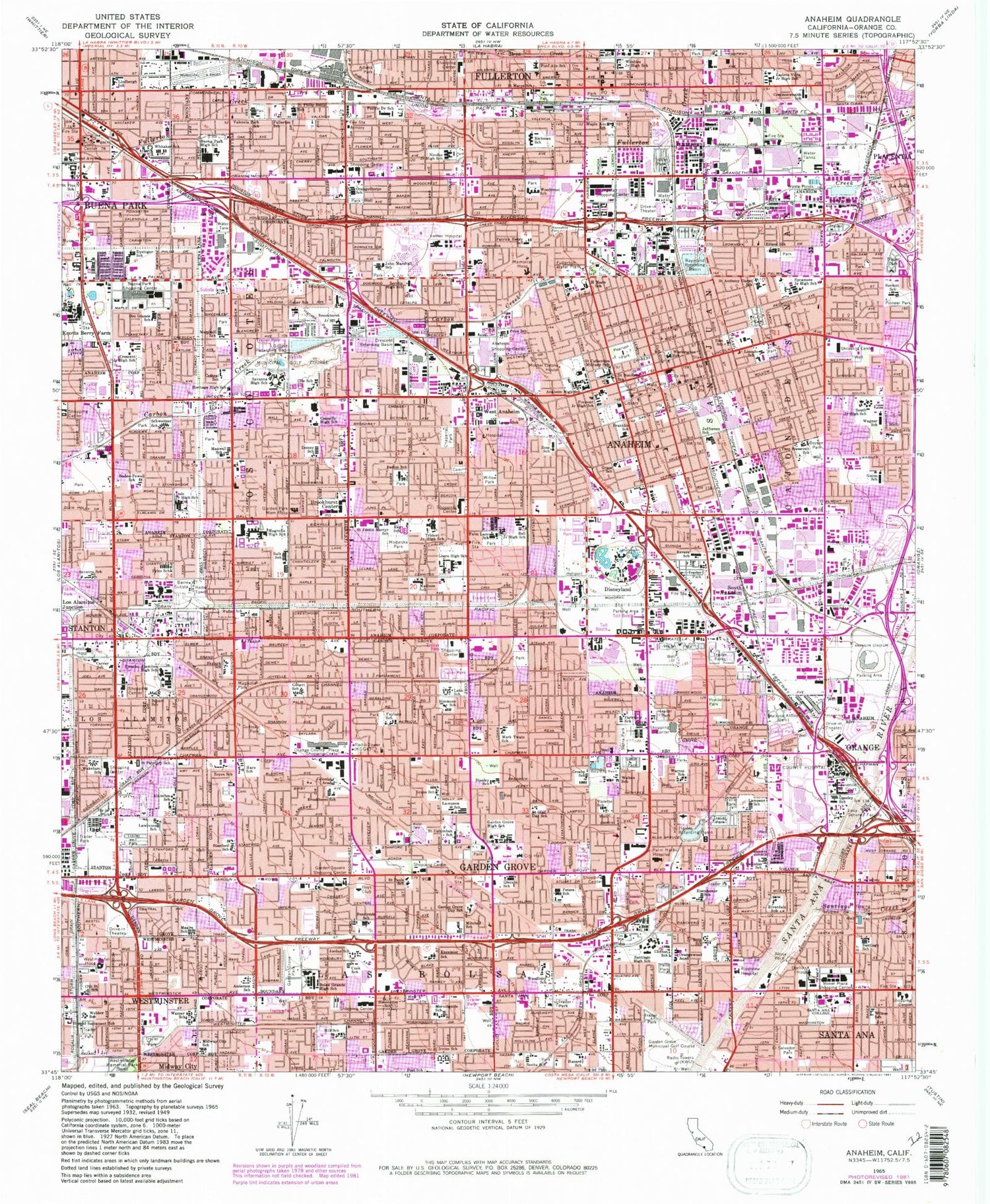 Classic USGS Anaheim California 7.5'x7.5' Topo Map Image