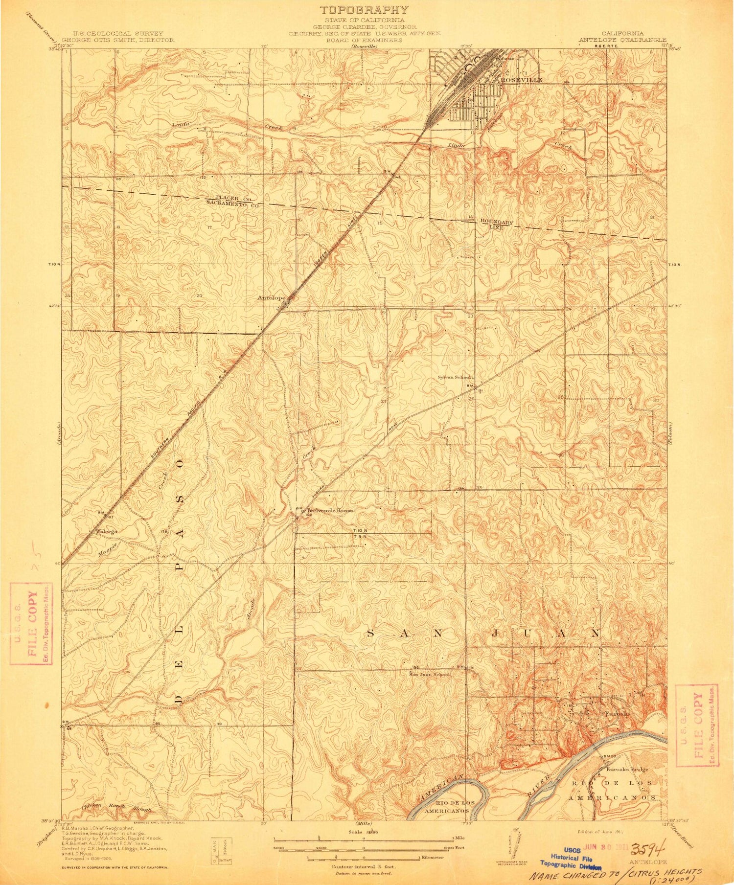 Classic USGS Citrus Heights California 7.5'x7.5' Topo Map Image