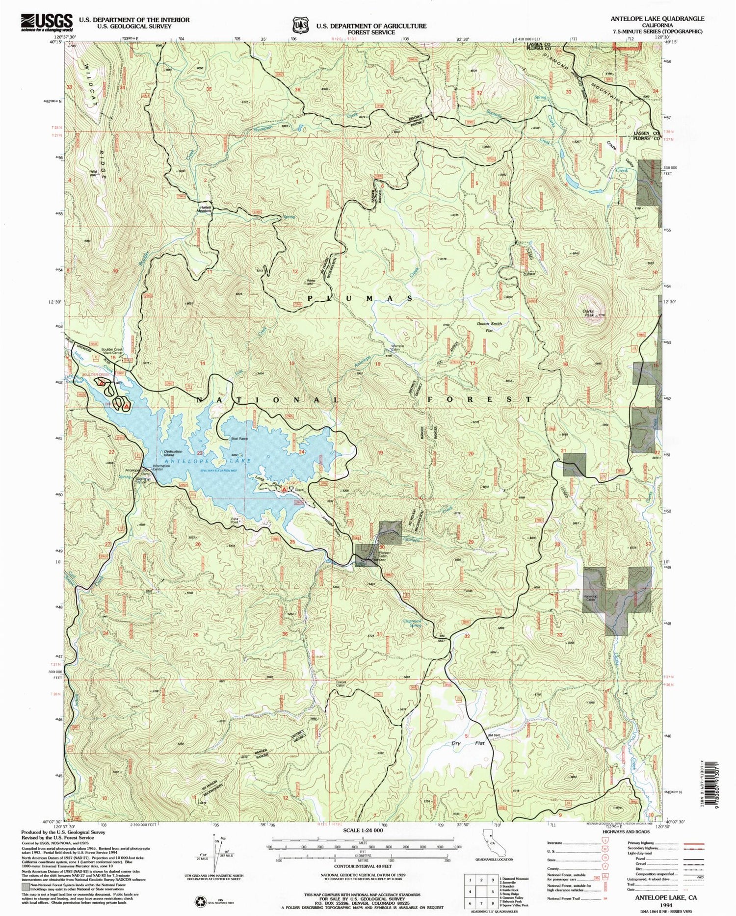 Classic USGS Antelope Lake California 7.5'x7.5' Topo Map Image