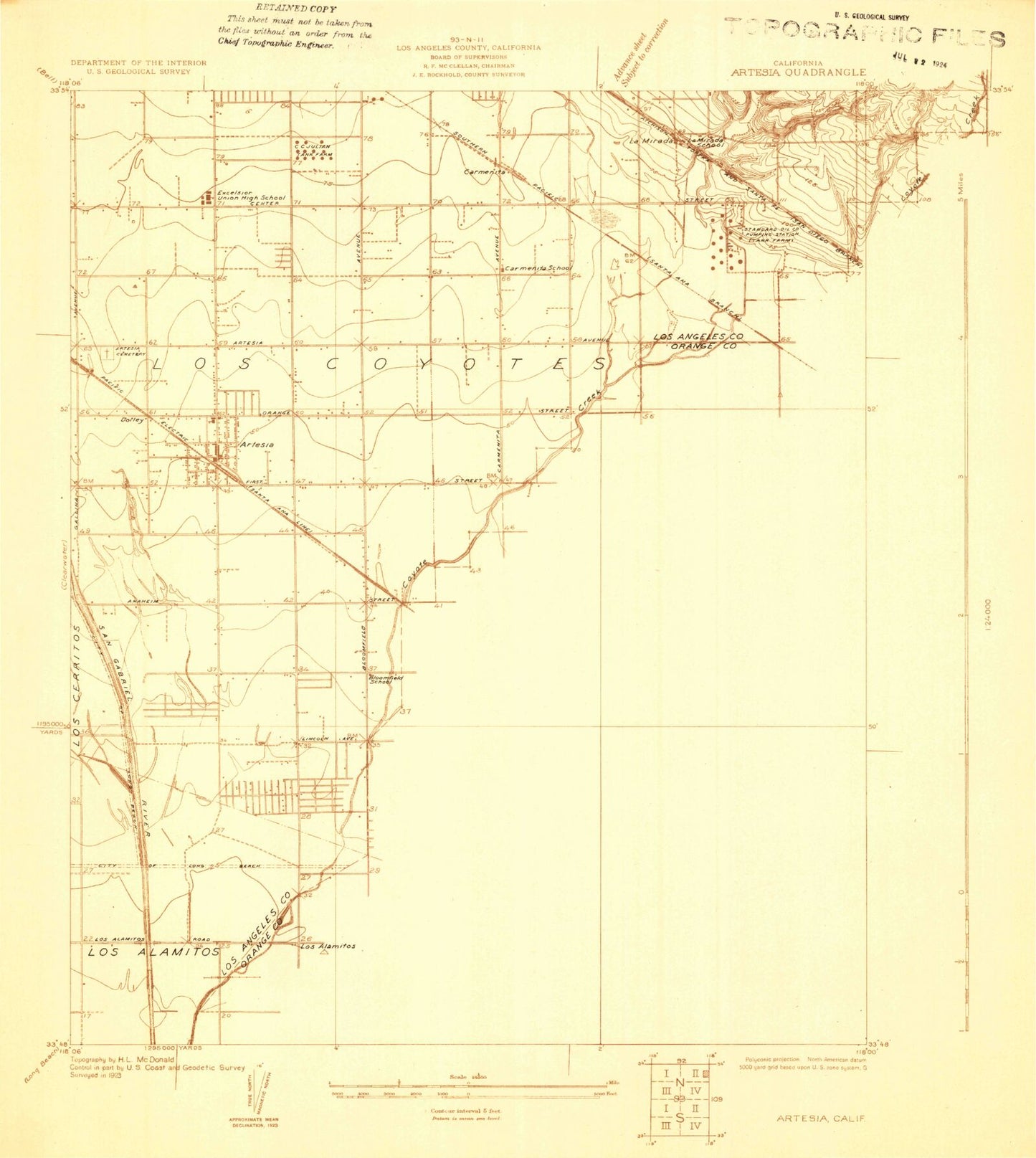 Classic USGS Artesia California 7.5'x7.5' Topo Map Image