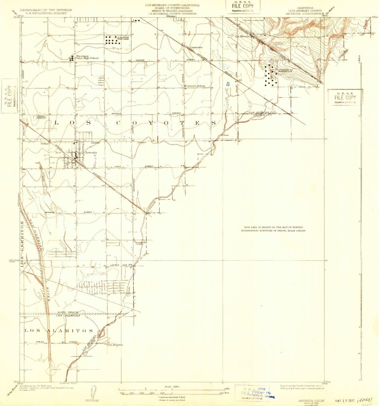 Classic USGS Artesia California 7.5'x7.5' Topo Map Image