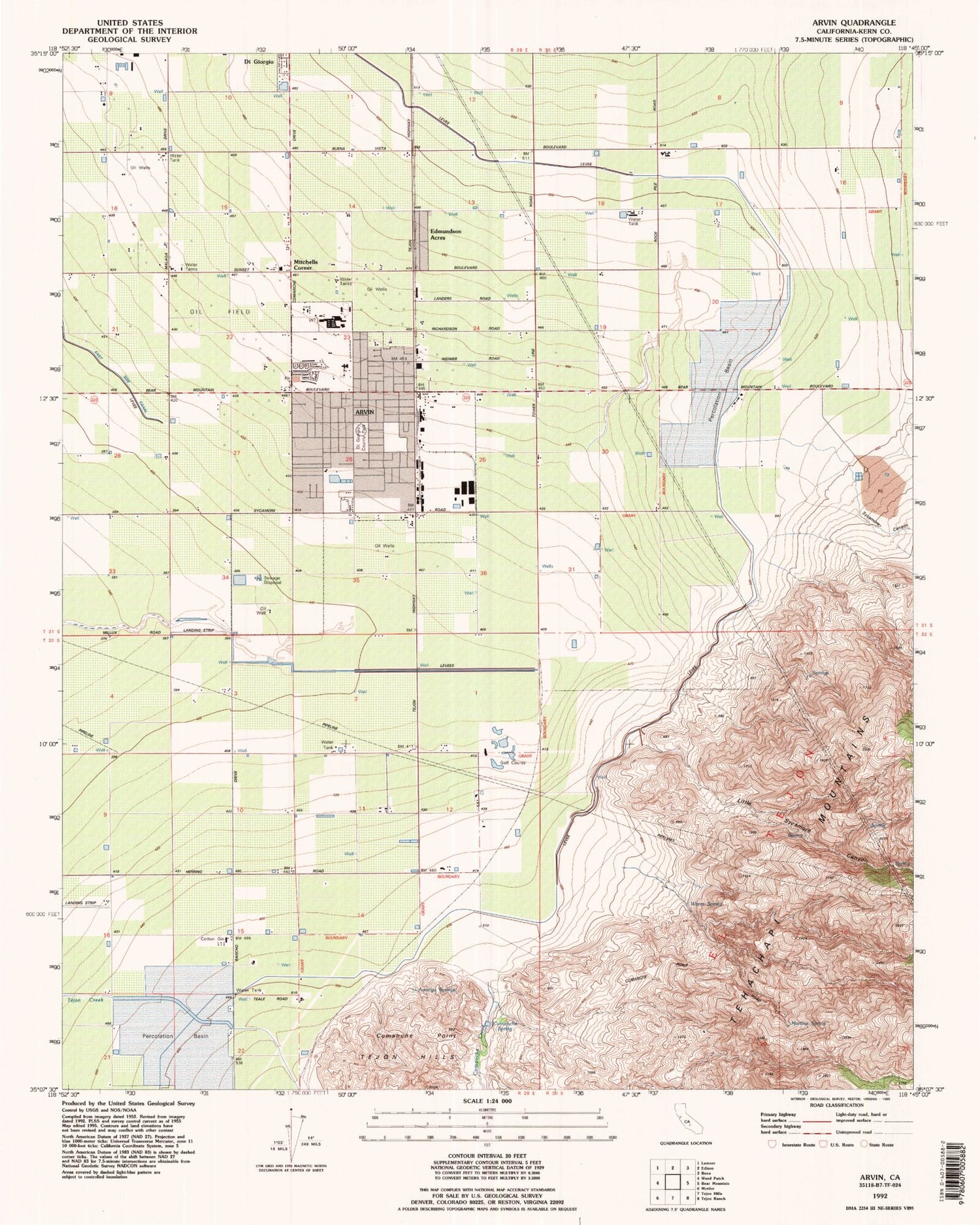 Classic USGS Arvin California 7.5'x7.5' Topo Map Image