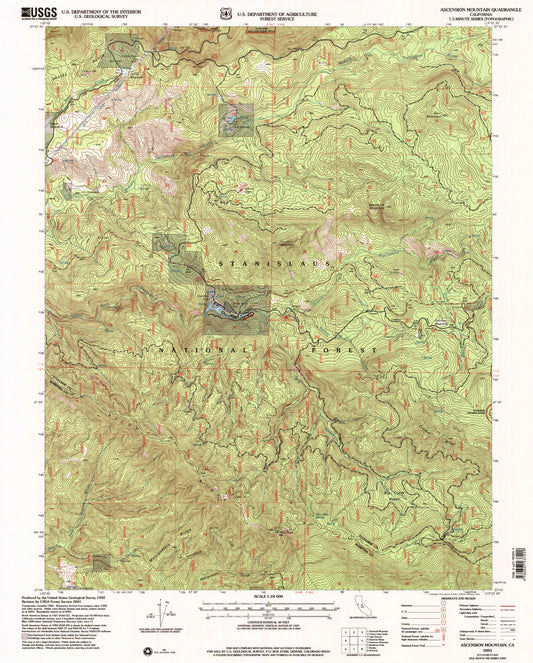 Classic USGS Ascension Mountain California 7.5'x7.5' Topo Map Image