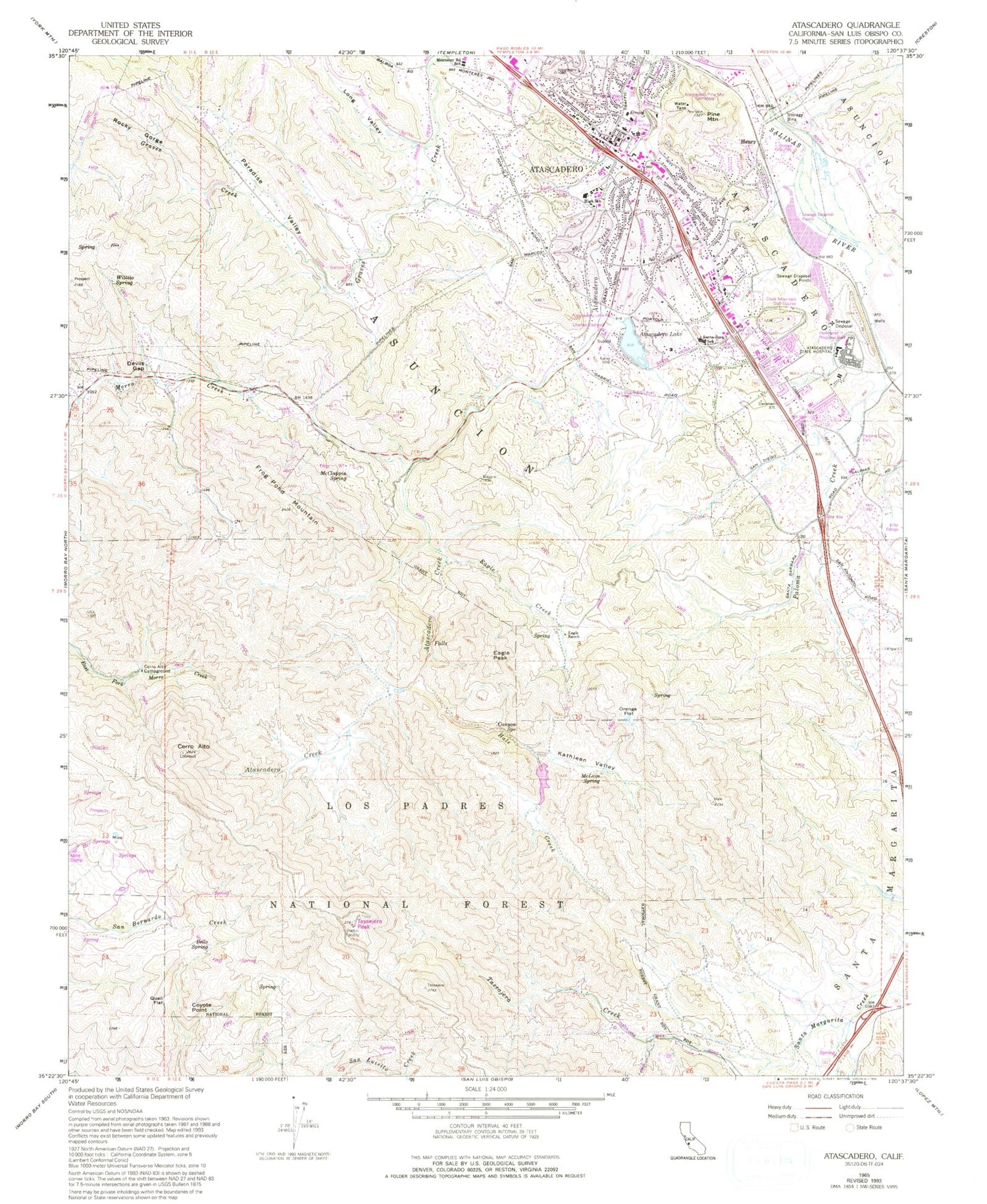 Classic USGS Atascadero California 7.5'x7.5' Topo Map Image