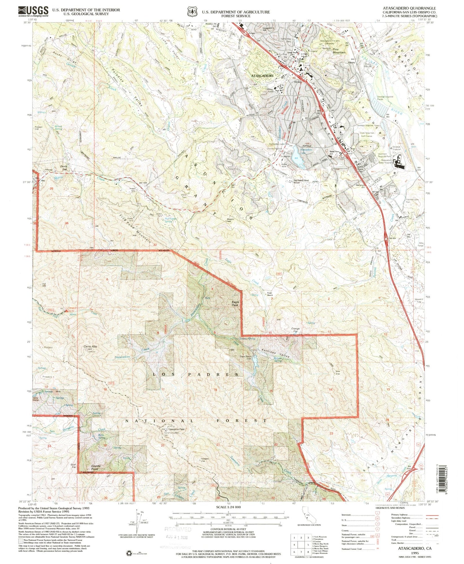 Classic USGS Atascadero California 7.5'x7.5' Topo Map Image