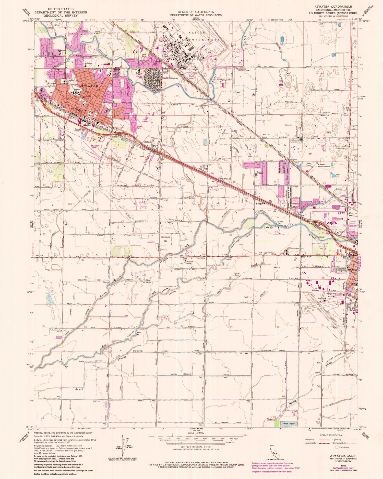 Classic USGS Atwater California 7.5'x7.5' Topo Map Image