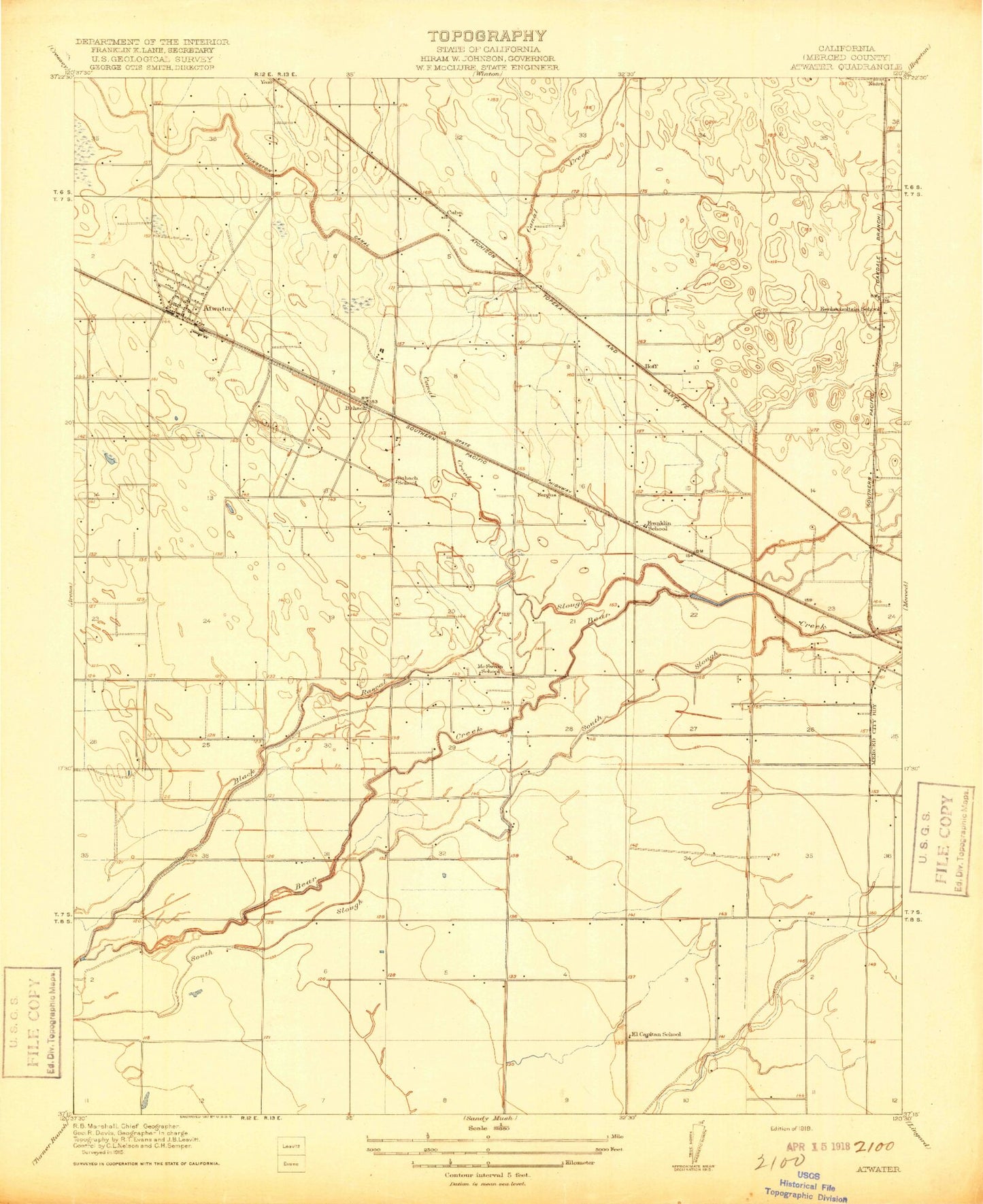 Classic USGS Atwater California 7.5'x7.5' Topo Map Image