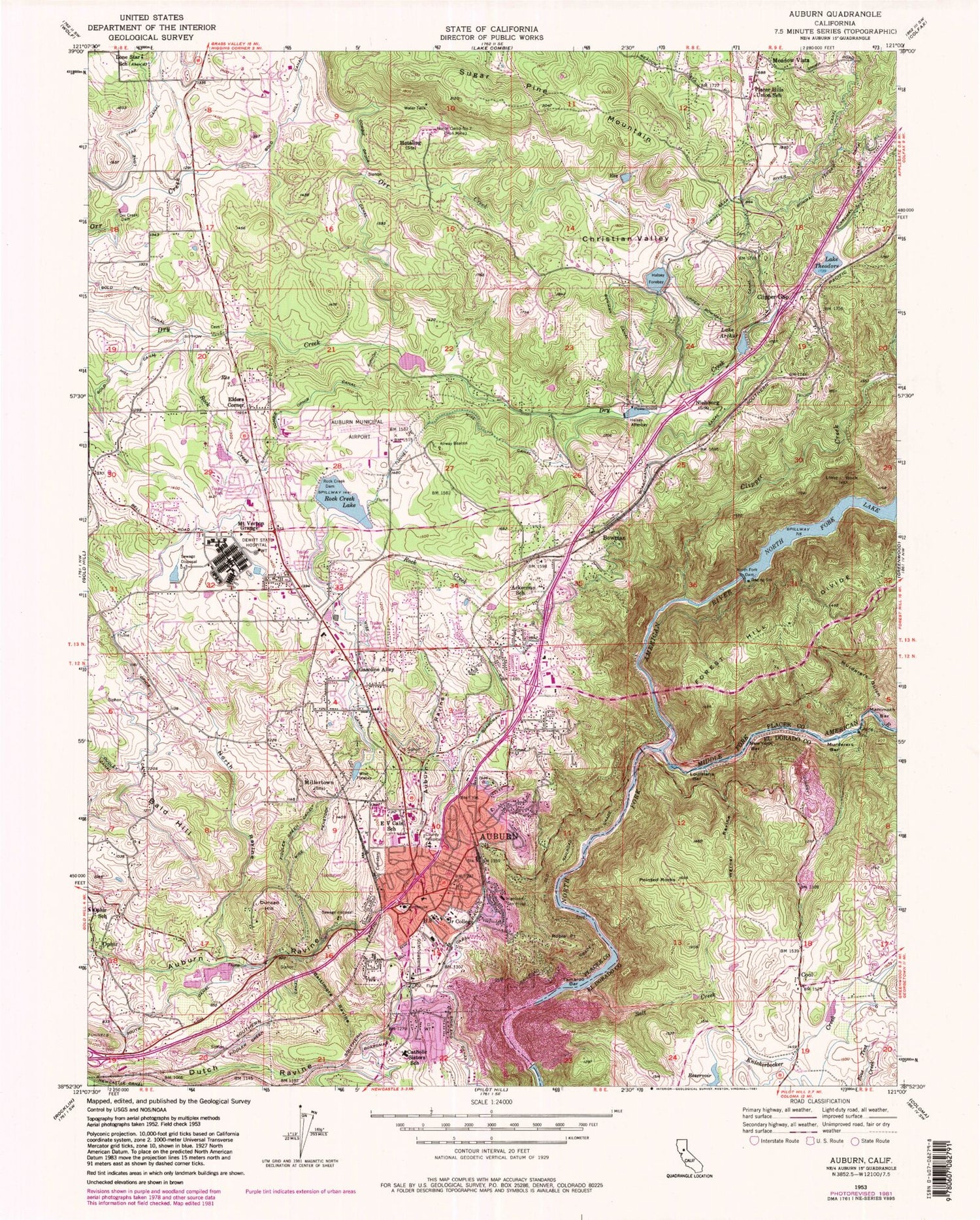 Classic USGS Auburn California 7.5'x7.5' Topo Map Image
